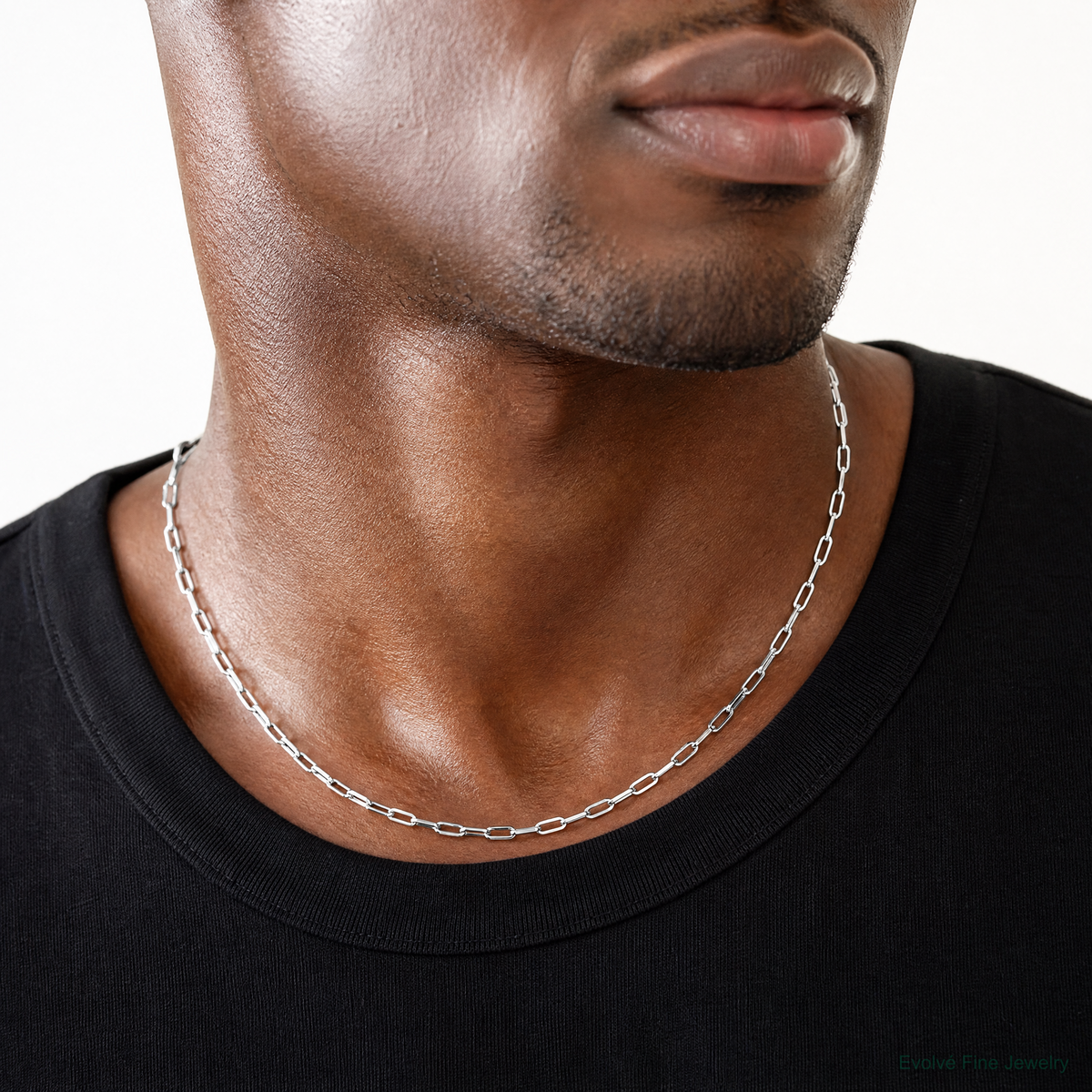 14k White Gold 3.5mm Solid Beveled Paperclip Chain - Model Shot
