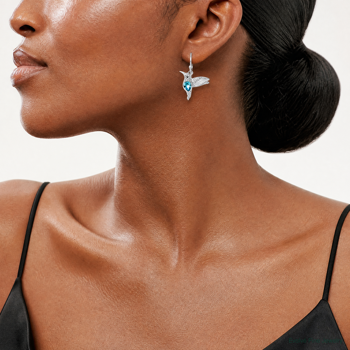 Sterling Silver Rhodium-Plated Crystal Inlay Hummingbird Dangle Earrings - Model Shot