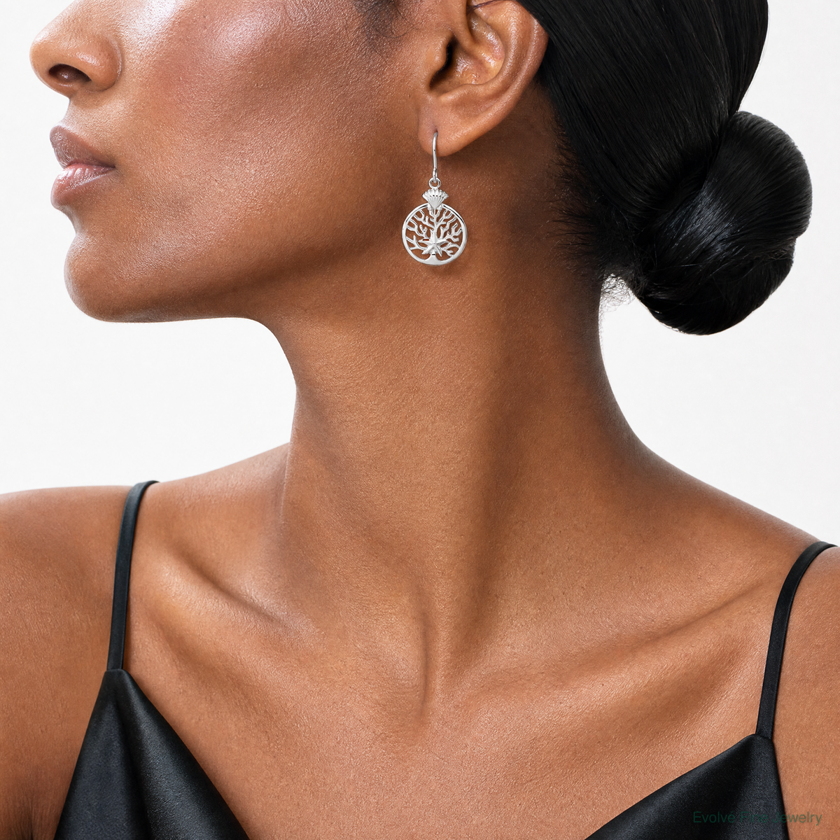 Sterling Silver Rhodium-Plated Starfish & Scallop Shell Reef Dangle Earring - Model Shot