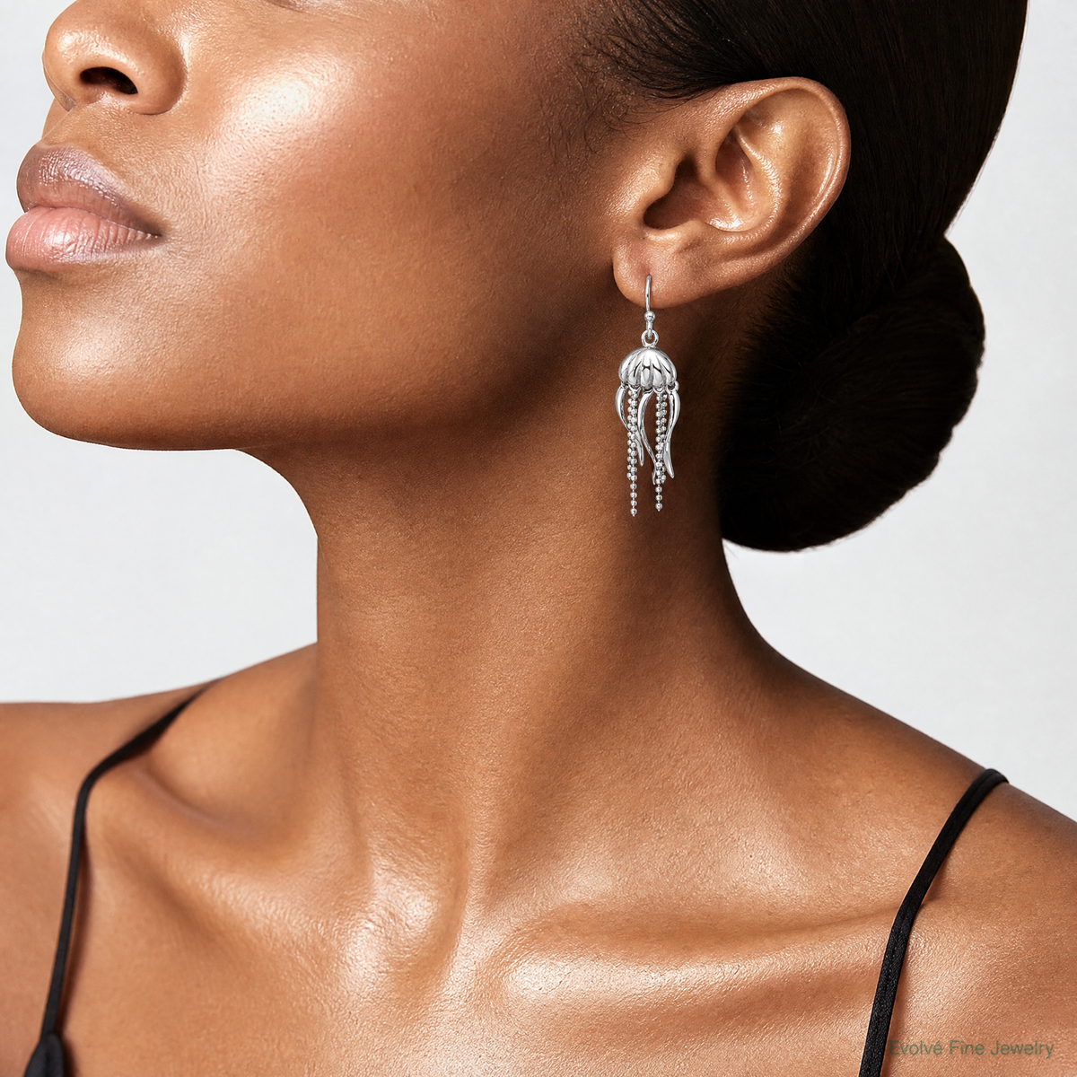 Sterling Silver Rhodium-plated Polished Moveable Jellyfish Dangle Earrings - Model Shot