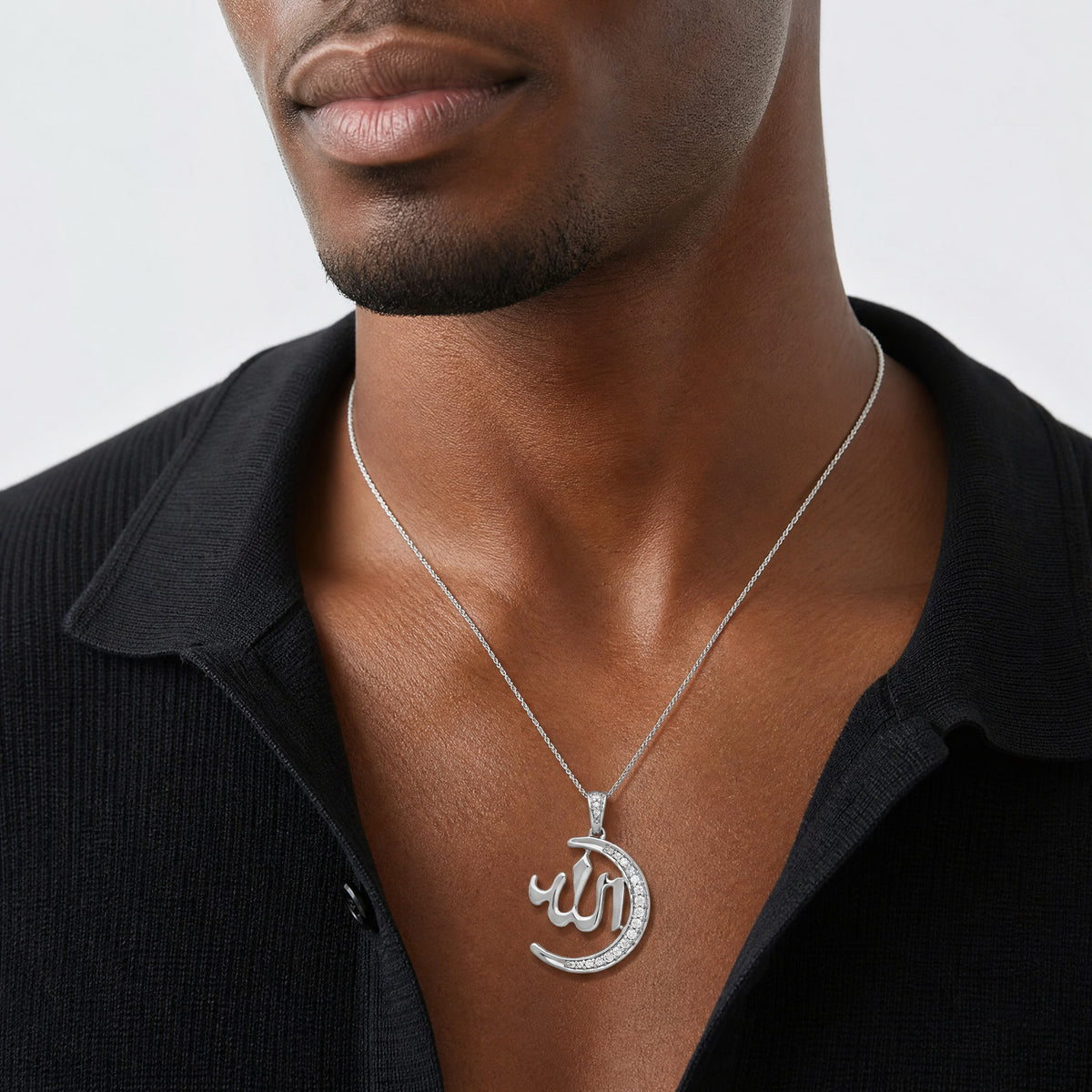 14k White Gold Diamond Allah, Star and Crescent Pendant - Model Shot