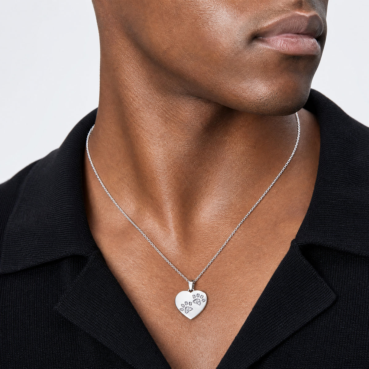 14k White Gold Diamond Paw Prints Heart Pendant - Model Shot
