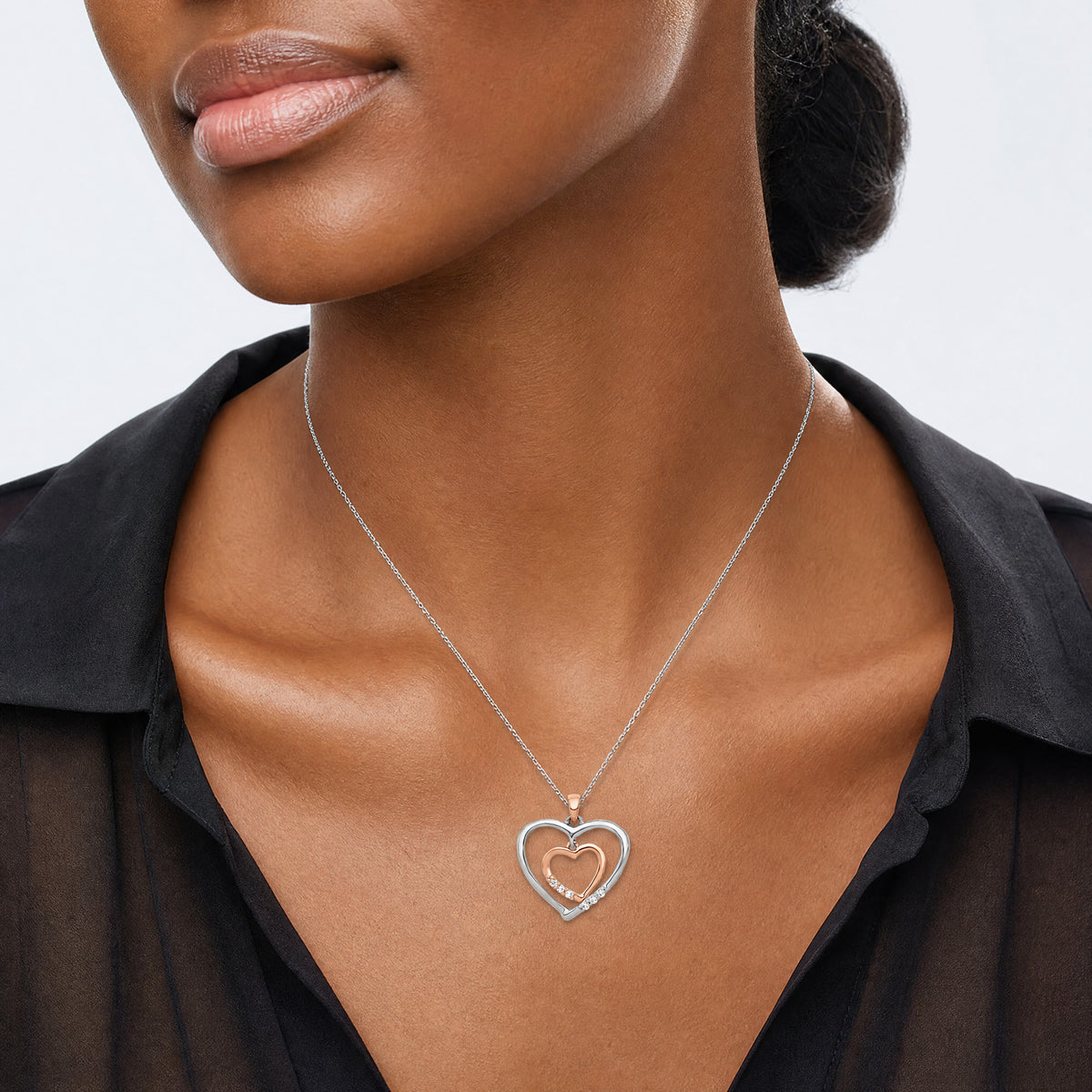14kt White w/ Rose Gold Heart Charm Diamond Heart Pendant - Model Shot
