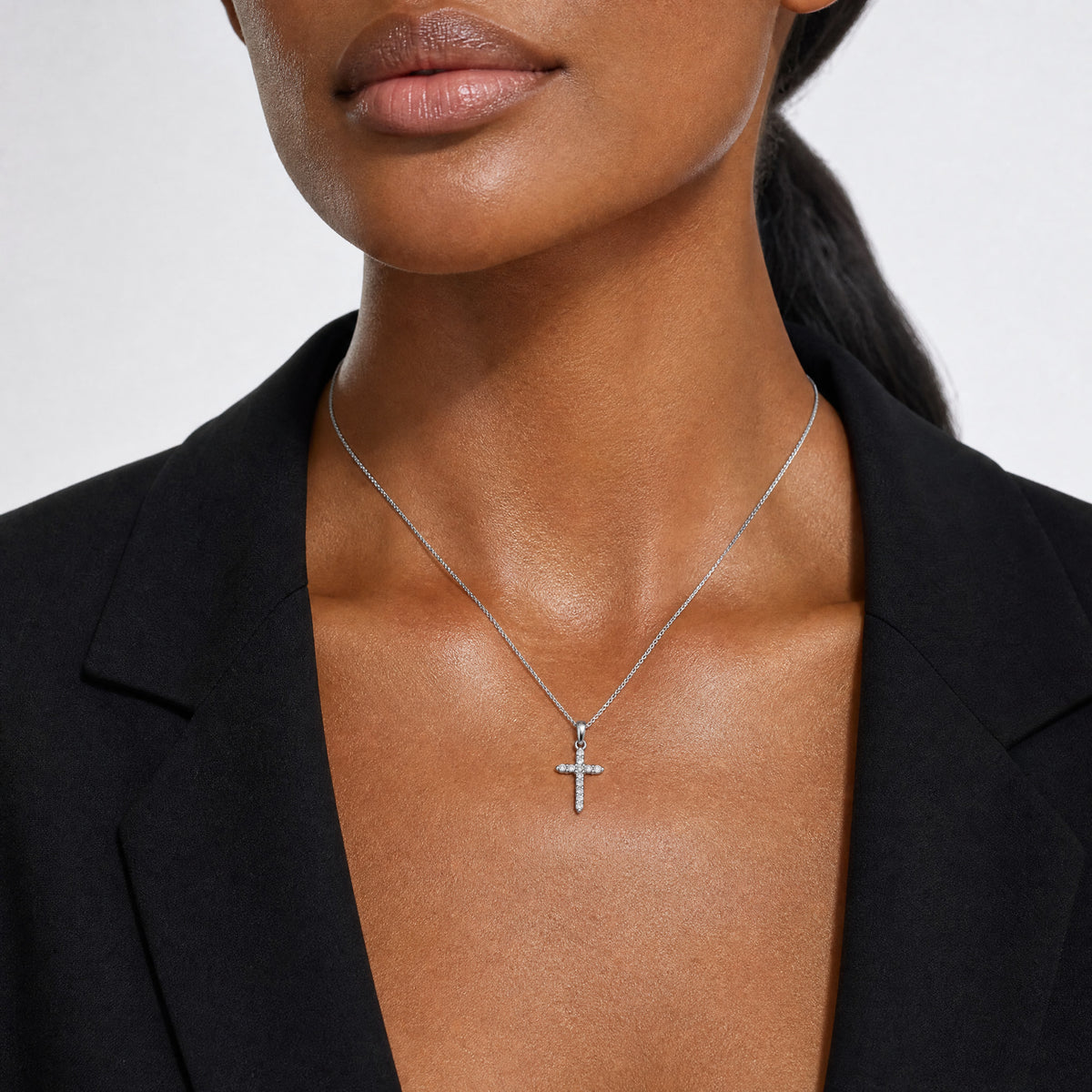 14k White Gold Polished Diamond Cross Pendant - Model Shot
