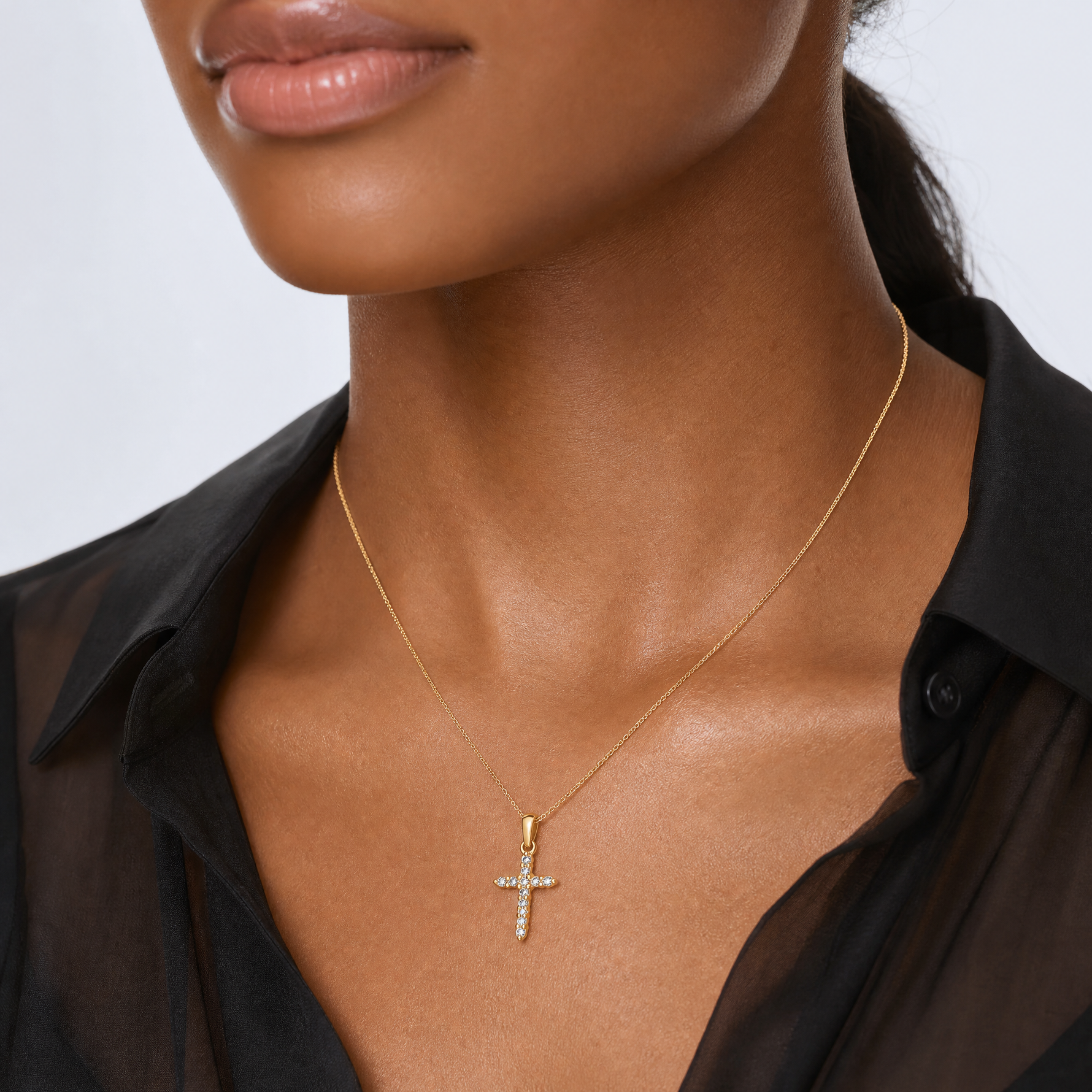 14k Yellow Gold Polished Diamond Cross Pendant - Model Shot