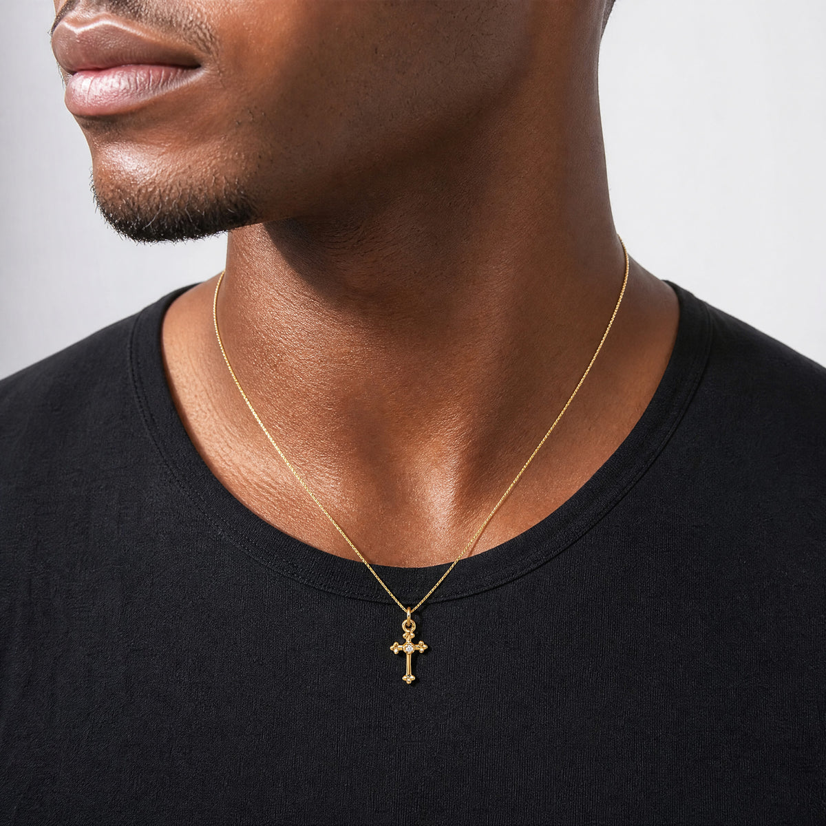 14k Small Diamond Budded Cross Pendant - Model Shot