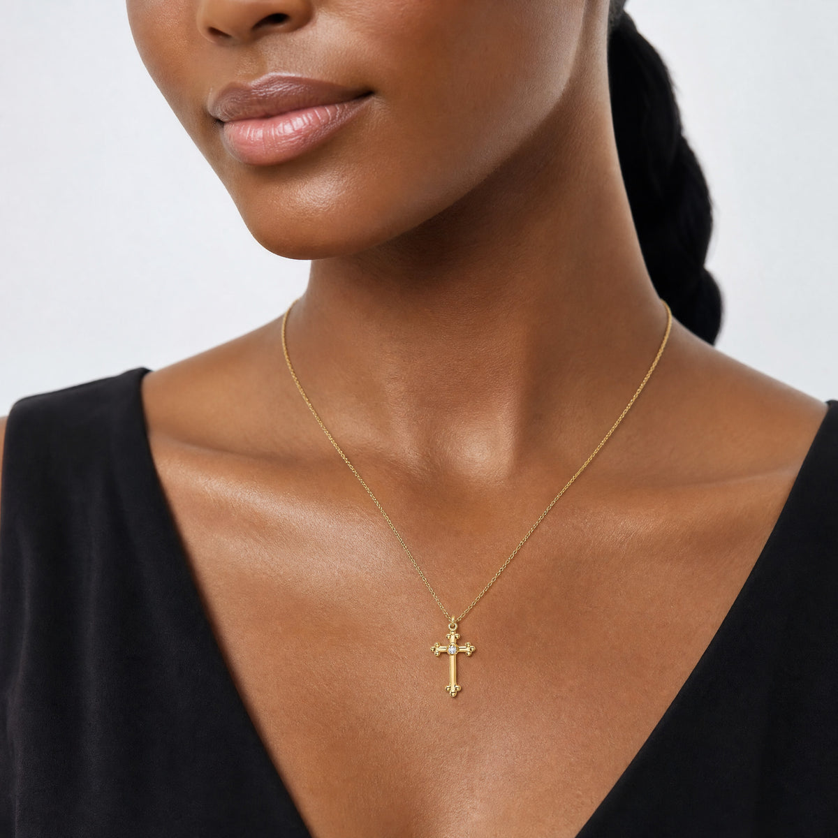 14k Small Diamond Budded Cross Pendant - Model Shot