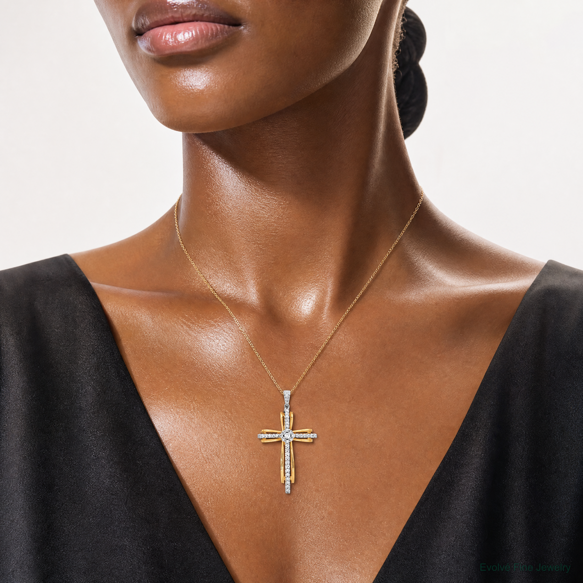 14k Two-tone 1/3ct. Diamond Passion Cross Pendant - Model Shot