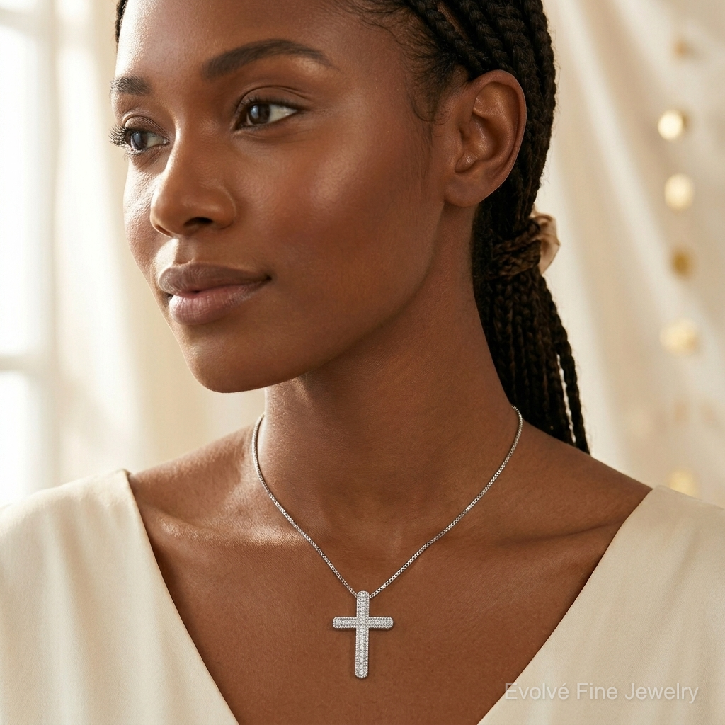 14k White Gold 1/10ct. Diamond Cross Chain Slide - Model Shot