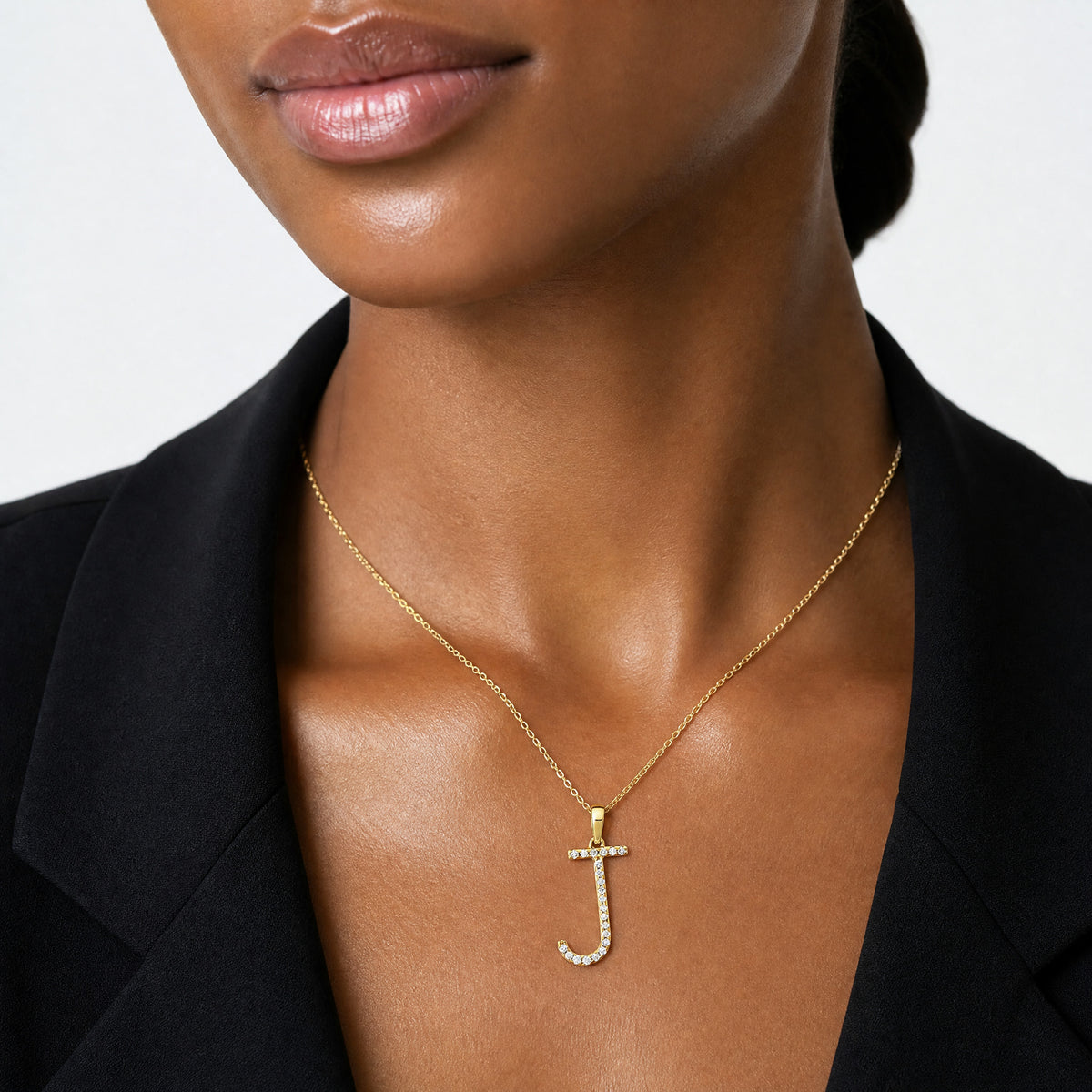 14K Diamond Letter J Initial Pendant - Model Shot
