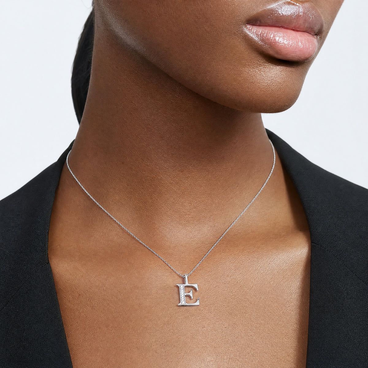 14K White Gold Diamond Letter E Initial Pendant - Model Shot