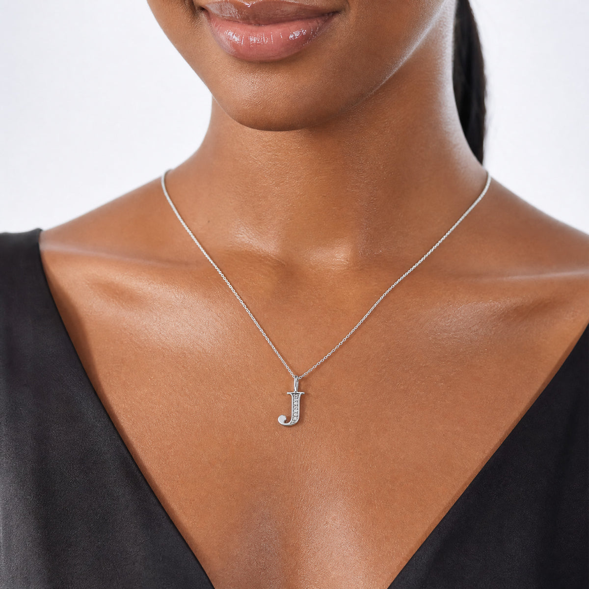 14K White Gold Diamond Letter J Initial Pendant - Model Shot