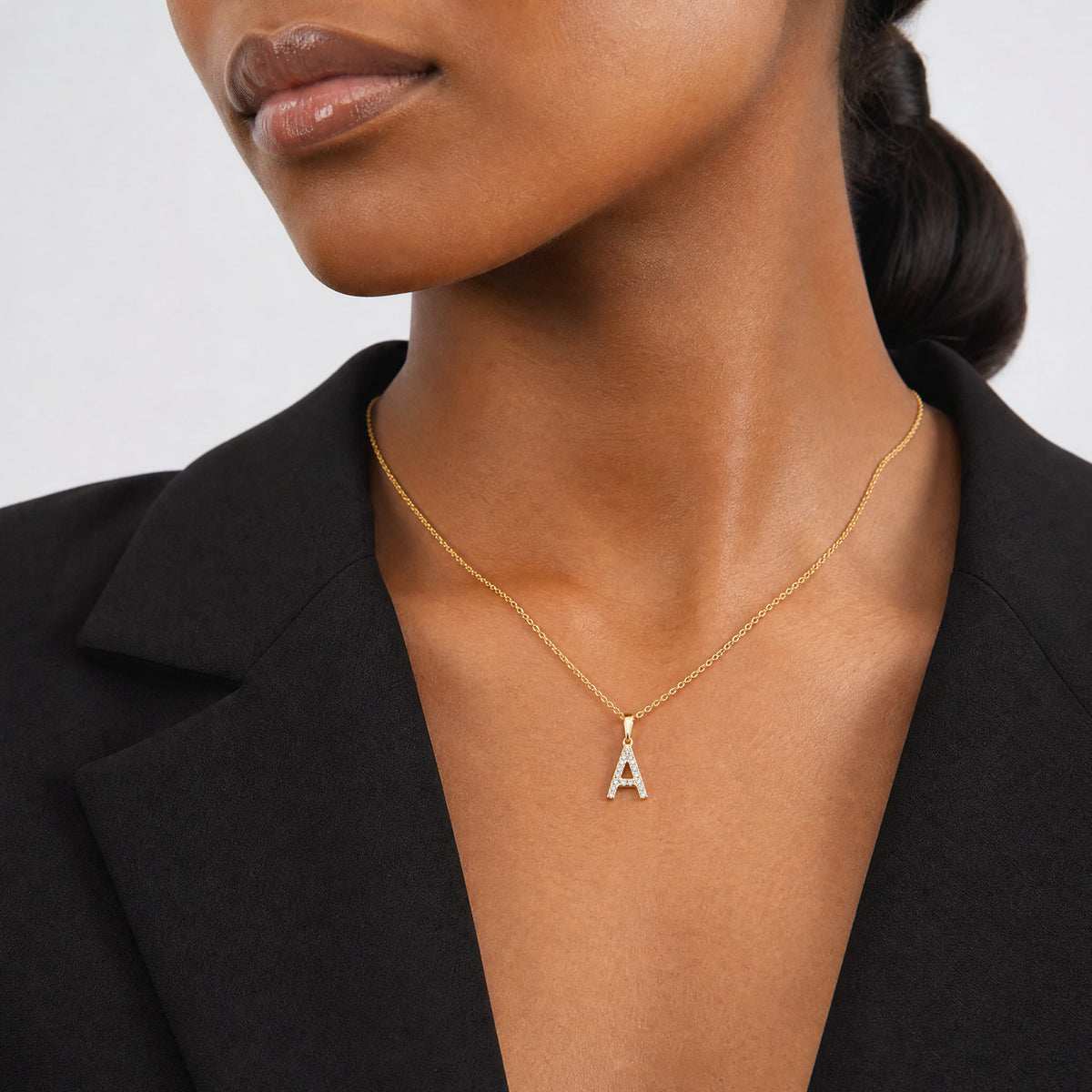 14K Diamond Letter A Initial Pendant - Model Shot