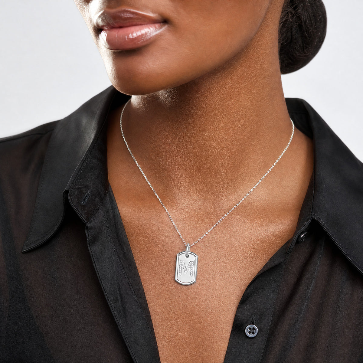 14K White Gold  Diamond Gold Initial M Dog Tag Charm - Model Shot