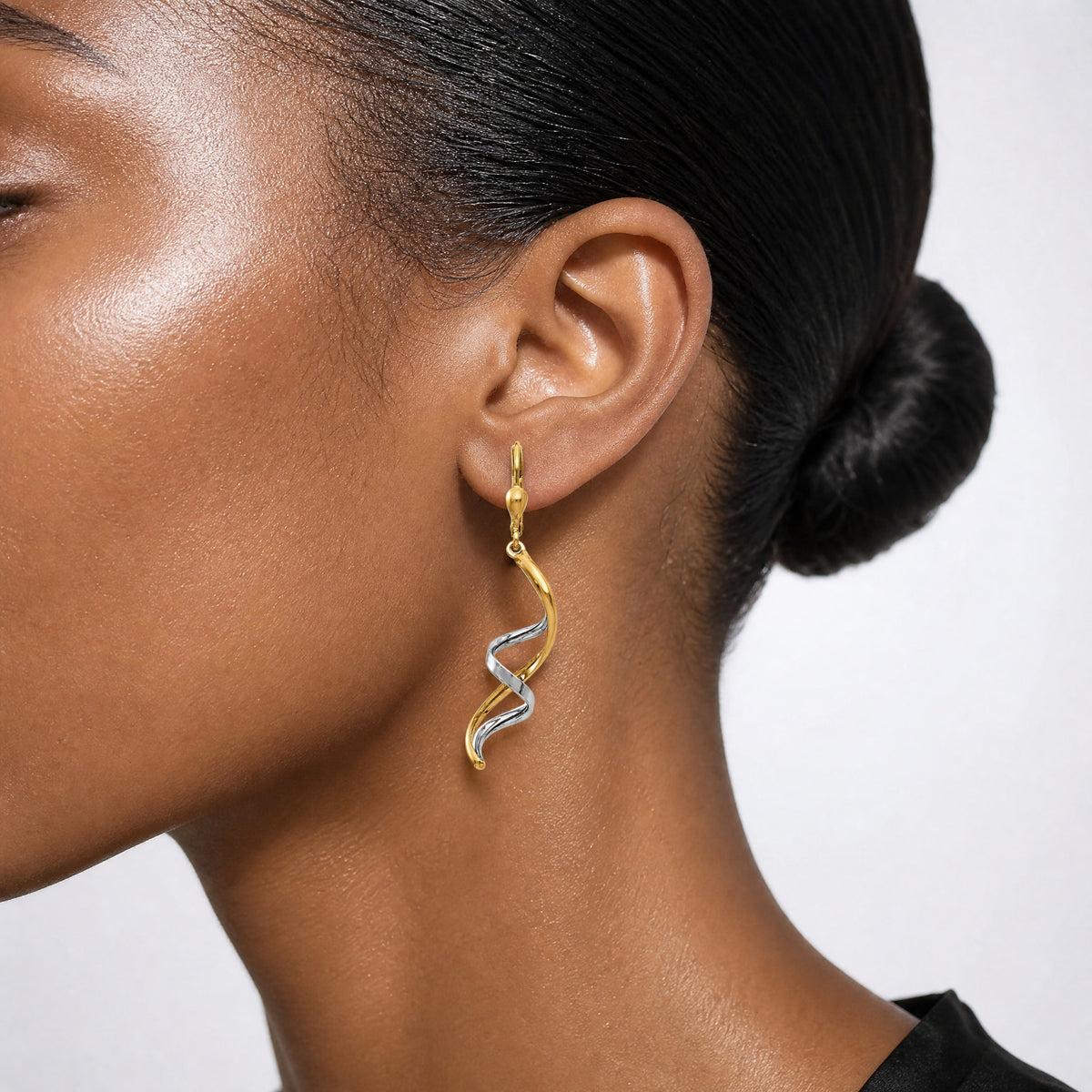 14K Two-tone Spiral Leverback Earrings - Model Shot