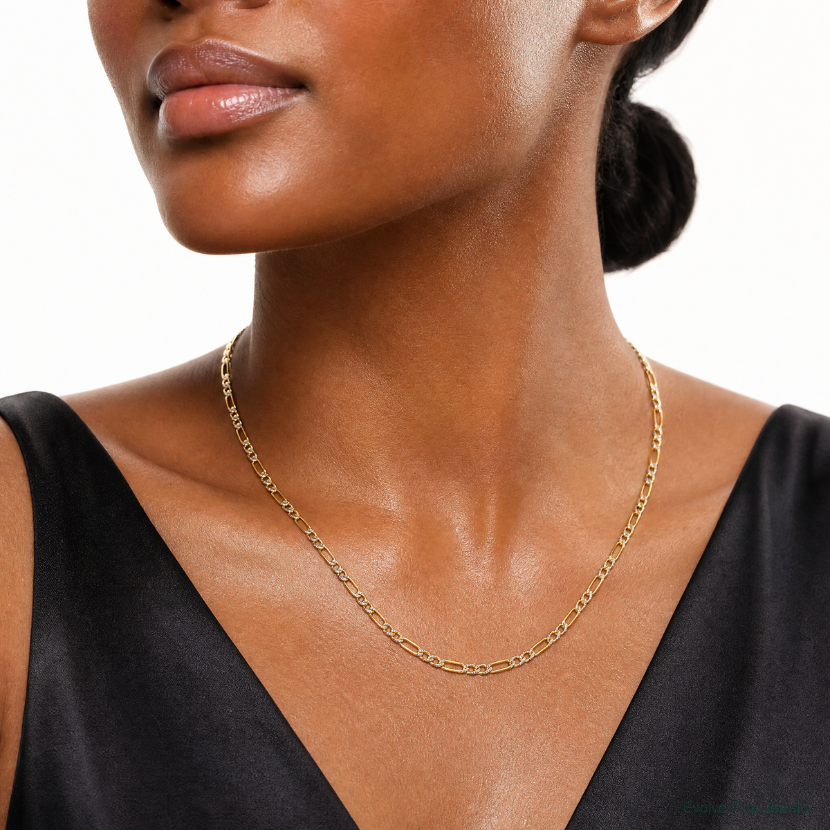 14k 2.3mm Semi-solid with Rhodium PavÃ© Figaro Chain - Model Shot