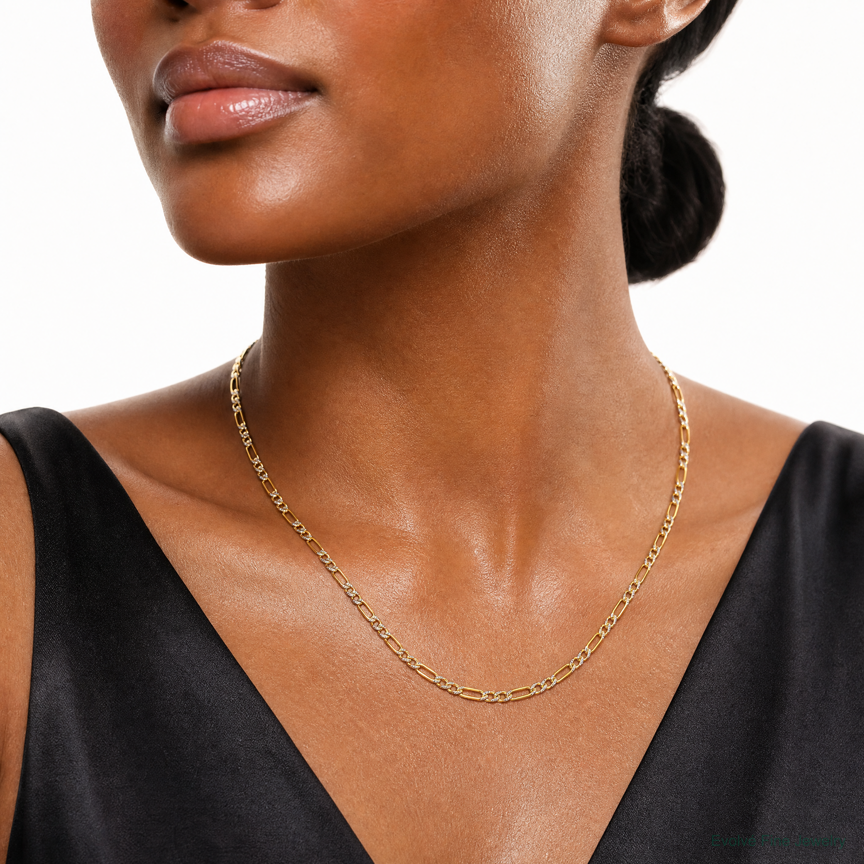 14k 2.3mm Semi-solid with Rhodium PavÃ© Figaro Chain - Model Shot