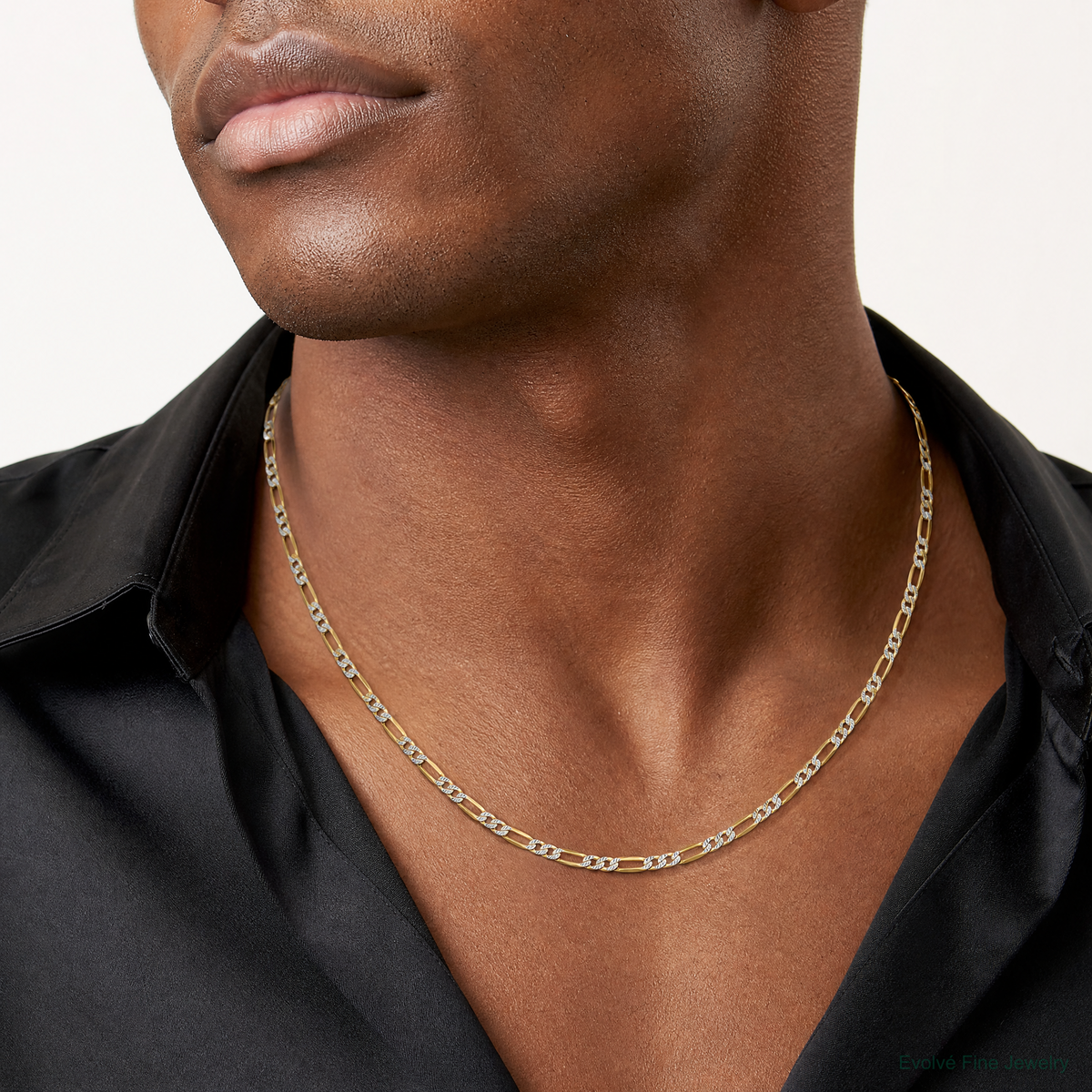 14k 3.2mm Semi-solid with Rhodium PavÃ© Figaro Chain - Model Shot
