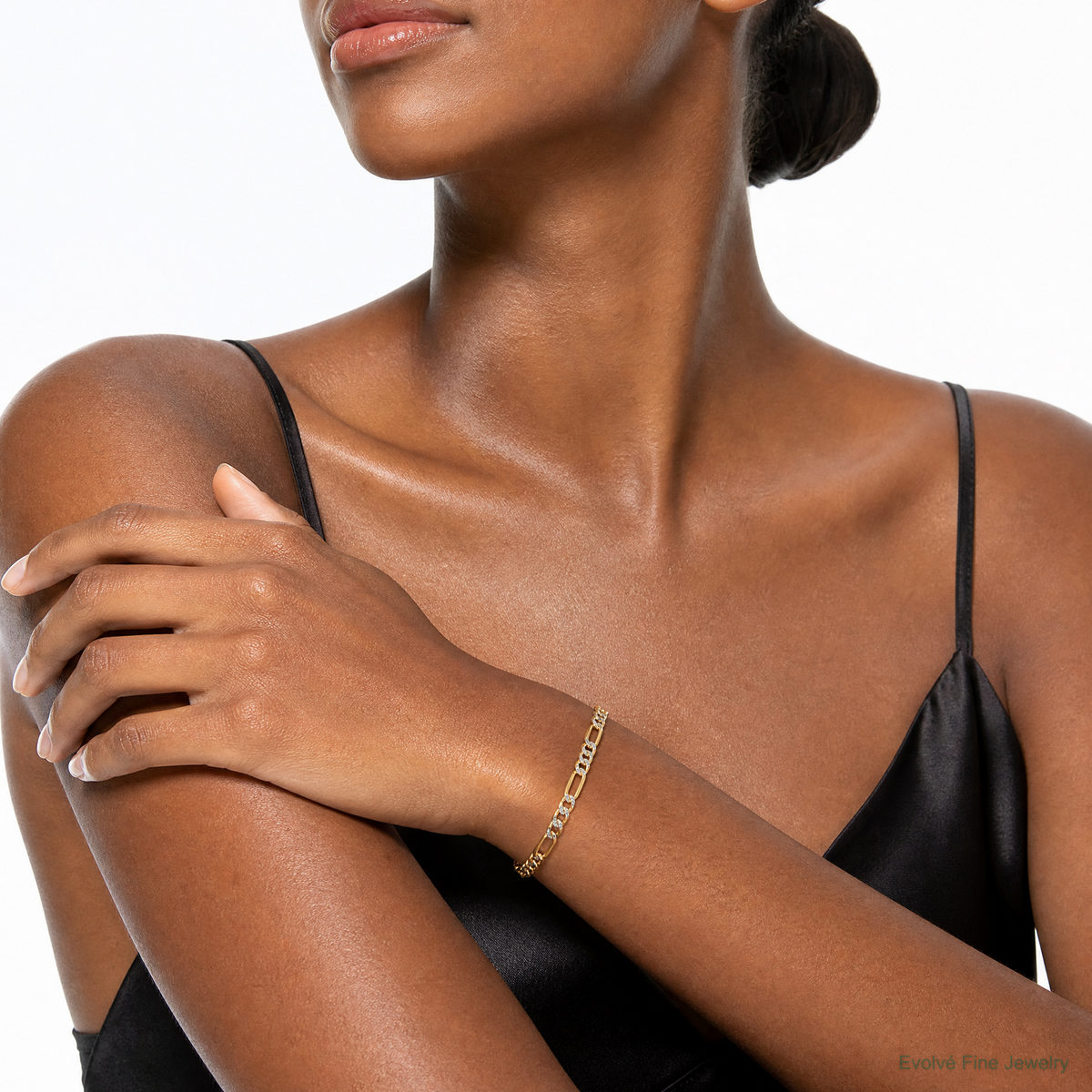 14k 3.2mm Semi-solid with Rhodium PavÃ© Figaro Chain - Model Shot