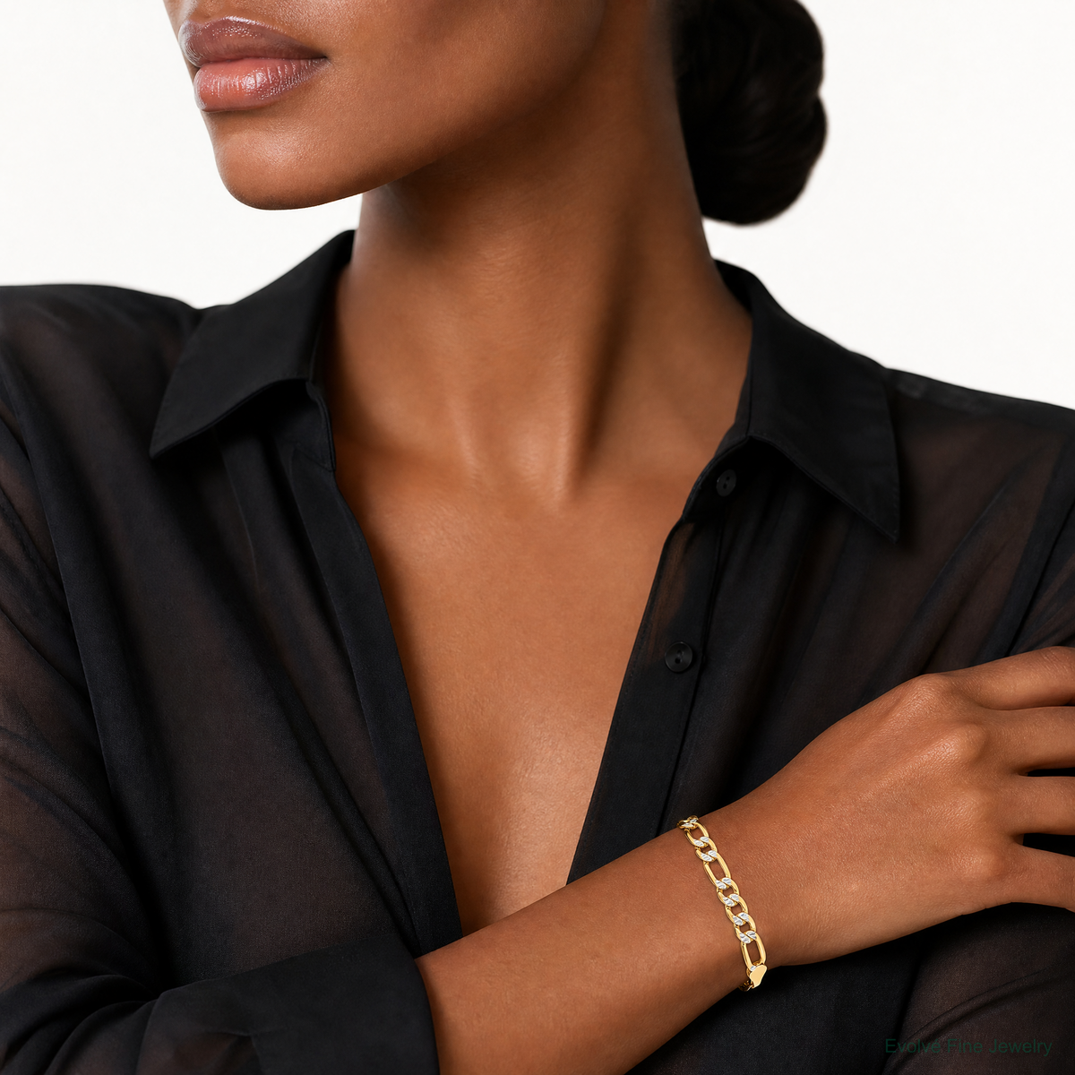 14k 3.9mm Semi-solid with Rhodium PavÃ© Figaro Chain - Model Shot