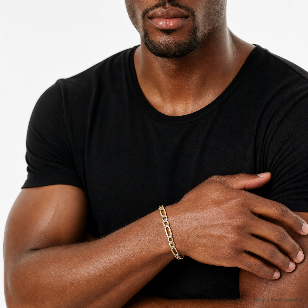 14k 5.25mm Semi-solid with Rhodium PavÃ© Figaro Chain - Model Shot
