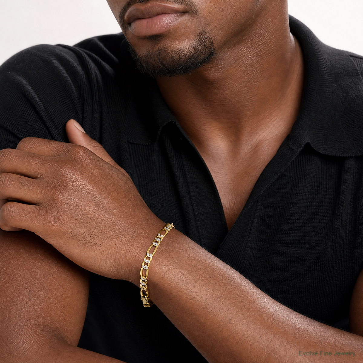 14k 6.5mm Semi-solid with Rhodium PavÃ© Figaro Chain - Model Shot