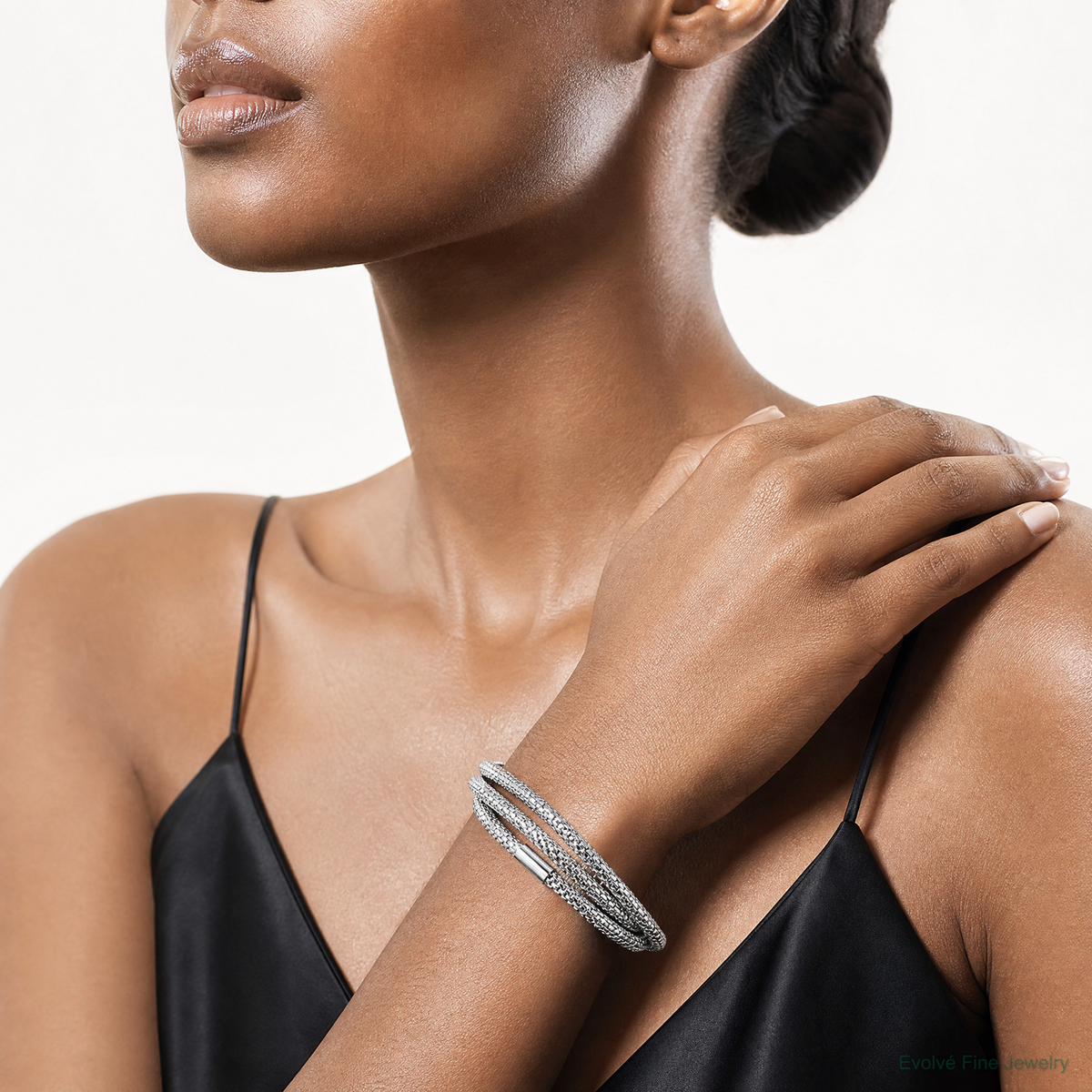 Sterling Silver Rhodium-plated 3 Intertwined Stretch Mesh Bracelets - Model Shot
