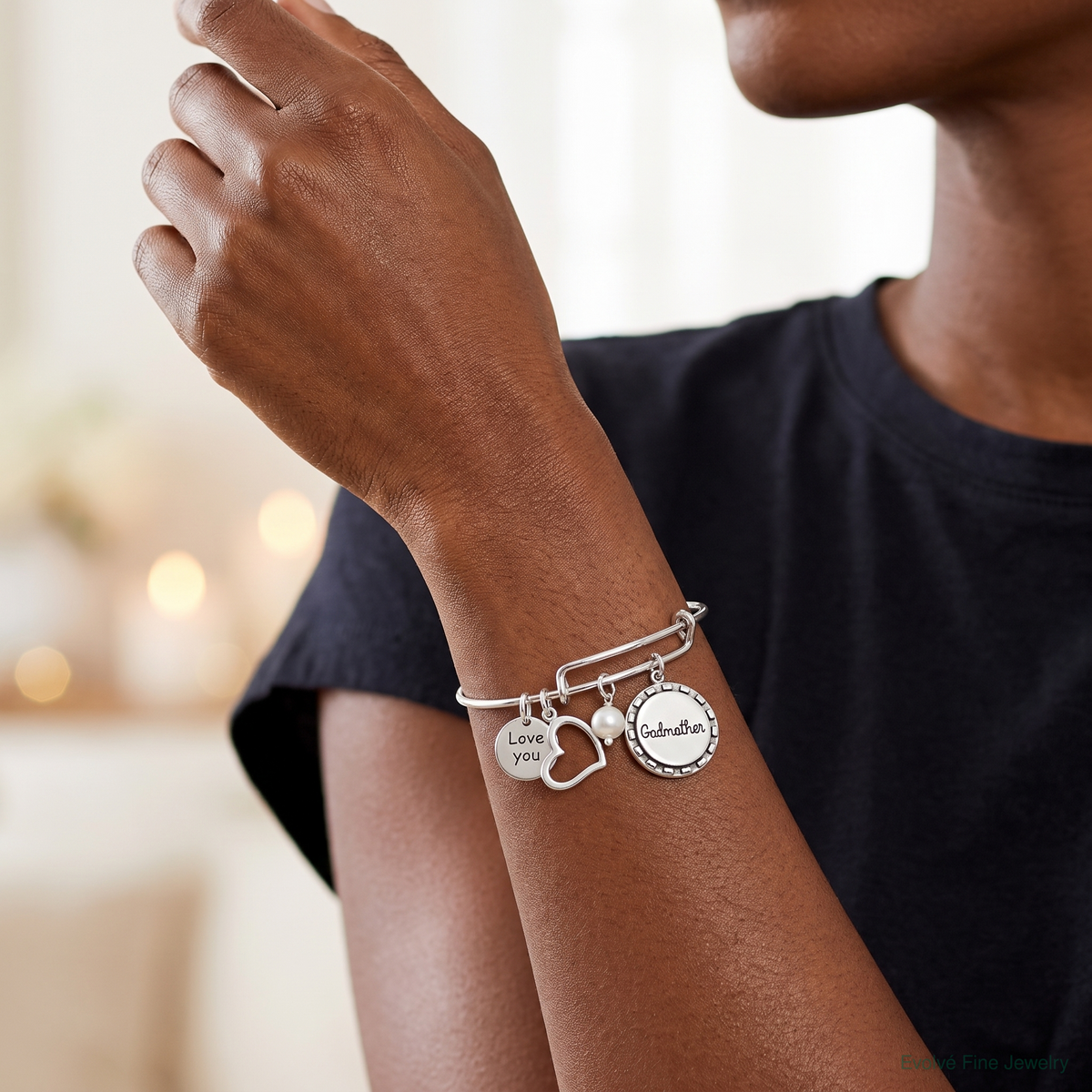 Sterling Silver Antiqued Syn. Pearl Godmother Charm Adjustable Bangle - Model Shot