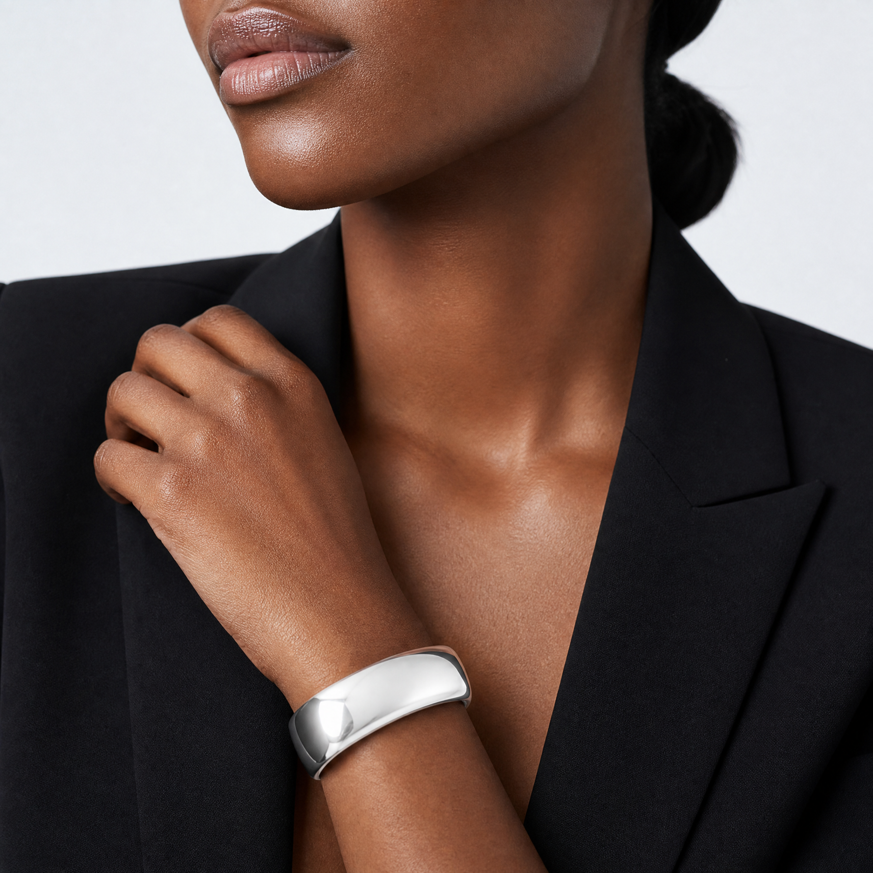 Sterling Silver Polished 30mm Domed Cuff Bangle - Model Shot