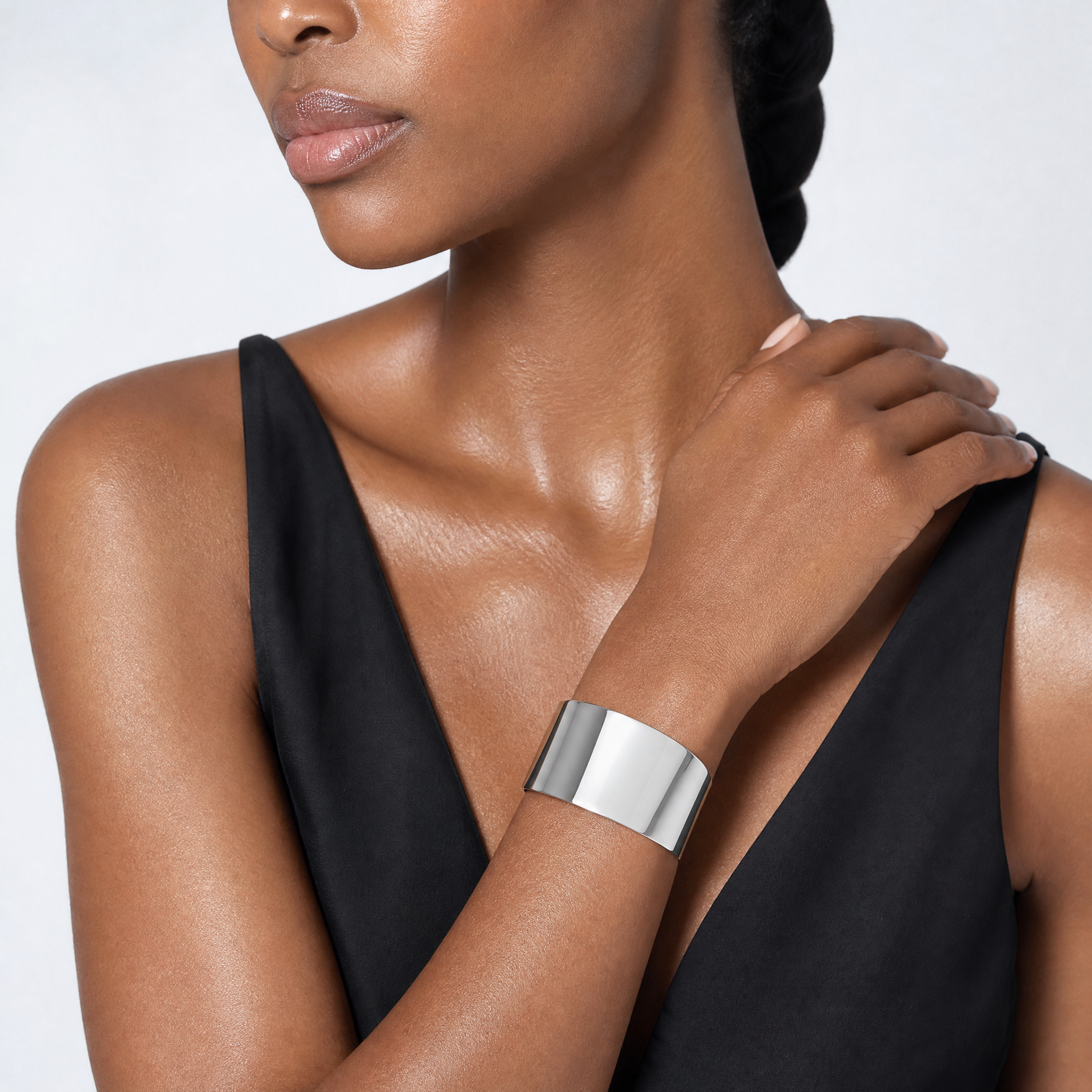 Sterling Silver Polished 40mm Flat Cuff Bangle - Model Shot