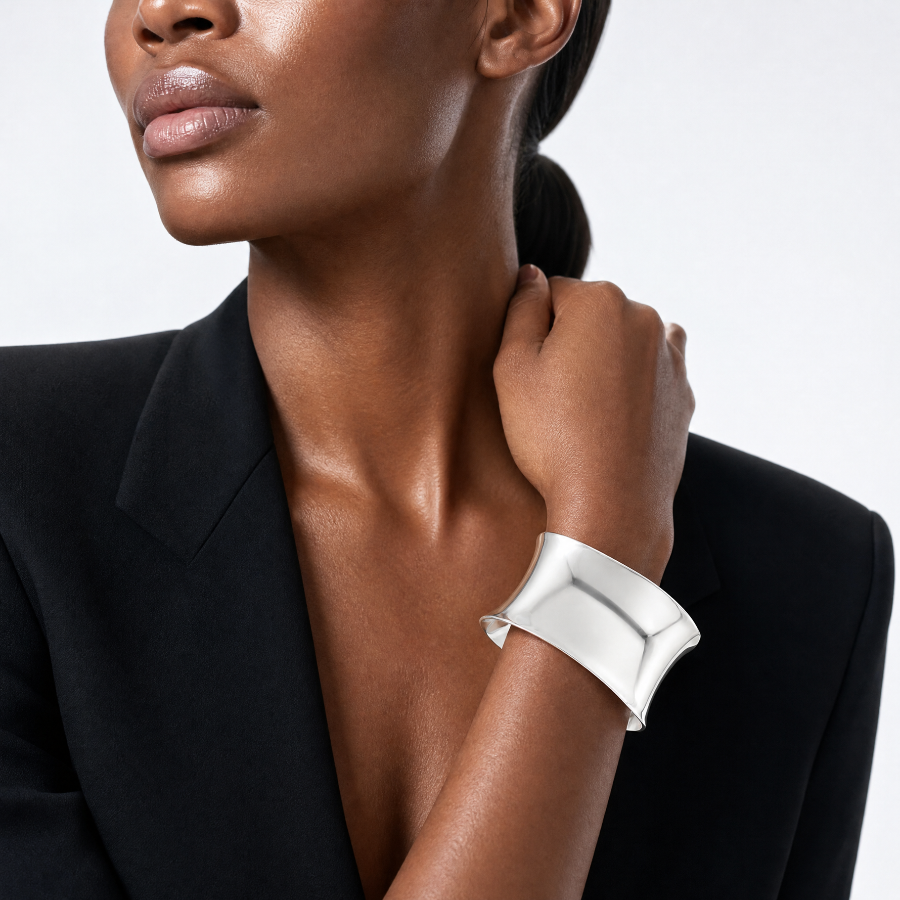 Sterling Silver Polished 30mm Concave Cuff Bangle - Model Shot
