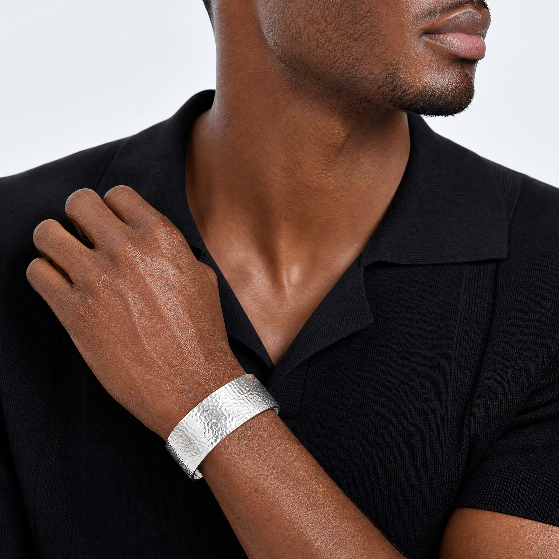 Sterling Silver 25mm Flat Hammered Cuff Bangle - Model Shot