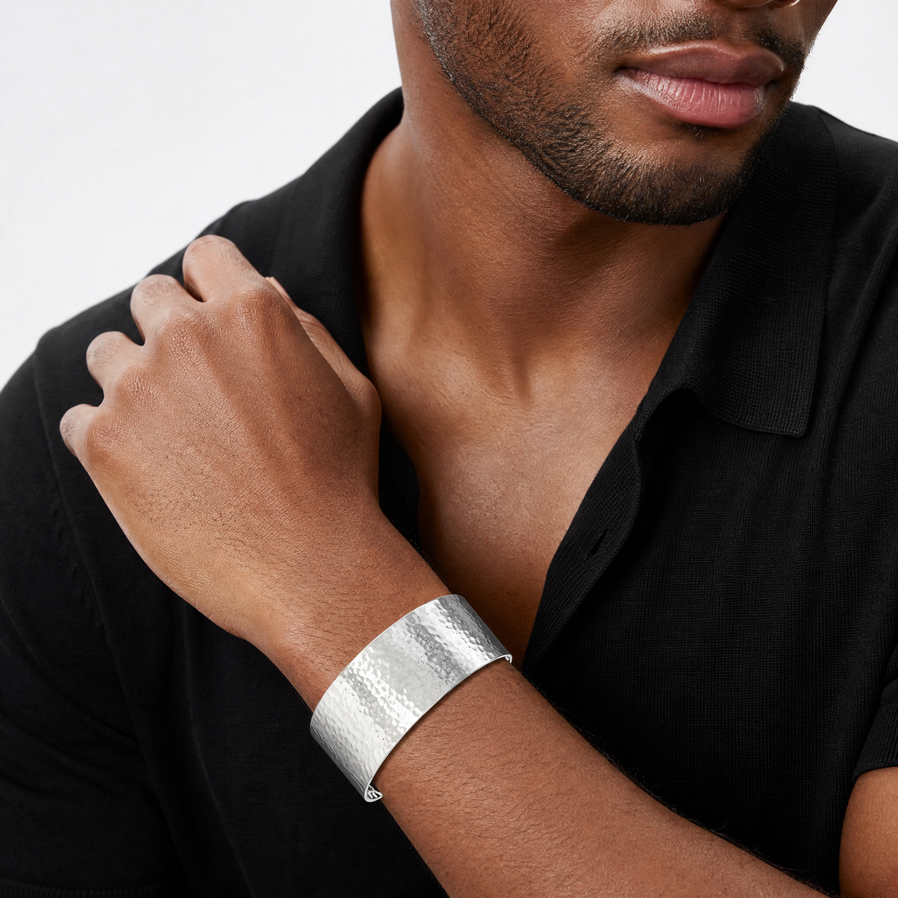 Sterling Silver 30mm Flat Hammered Cuff Bangle - Model Shot