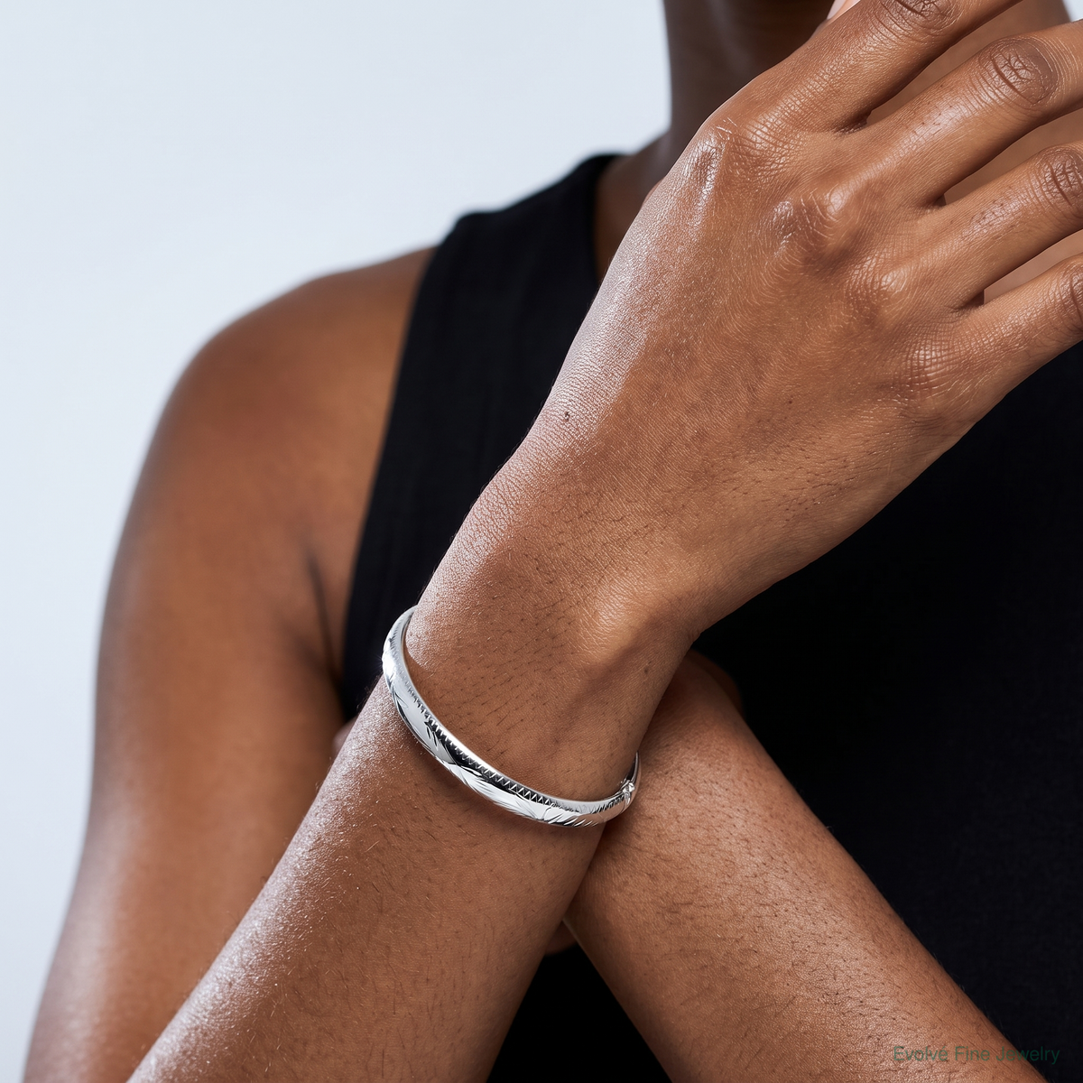 Sterling Silver Rhodium-plated 9.5mm D/C Fancy Hinged Bangle Bracelet - Model Shot