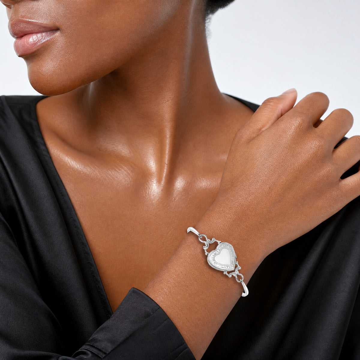 Sterling Silver 22mm Heart Locket Flexible Bangle Bracelet - Model Shot