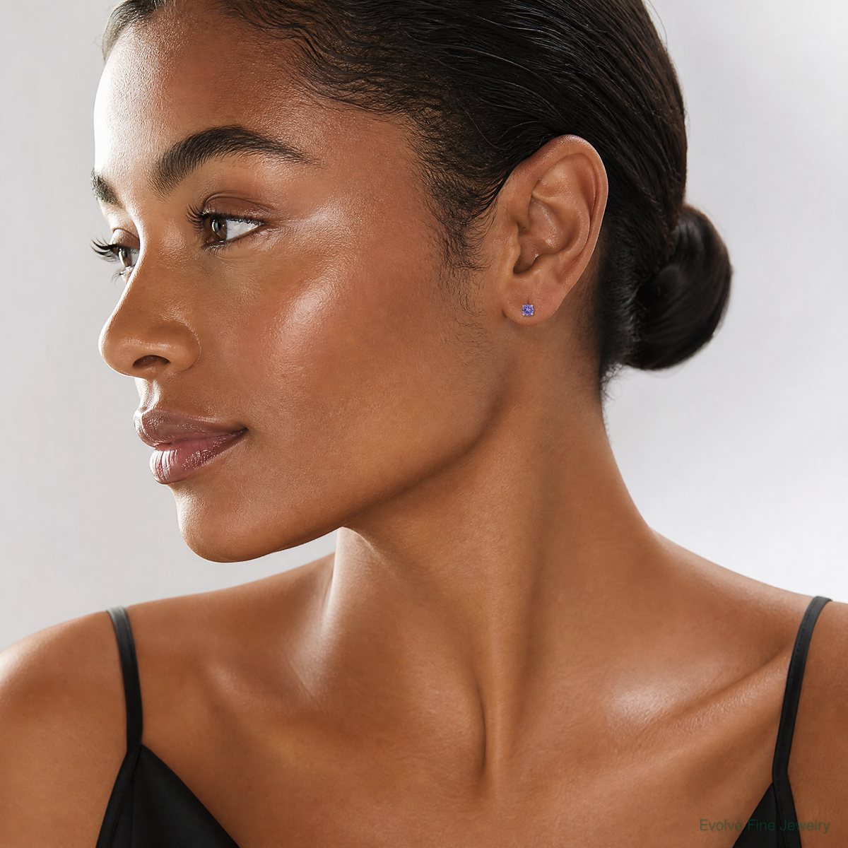Sterling Silver Rhodium-plated 4mm Round Amethyst Post Earrings - Model Shot