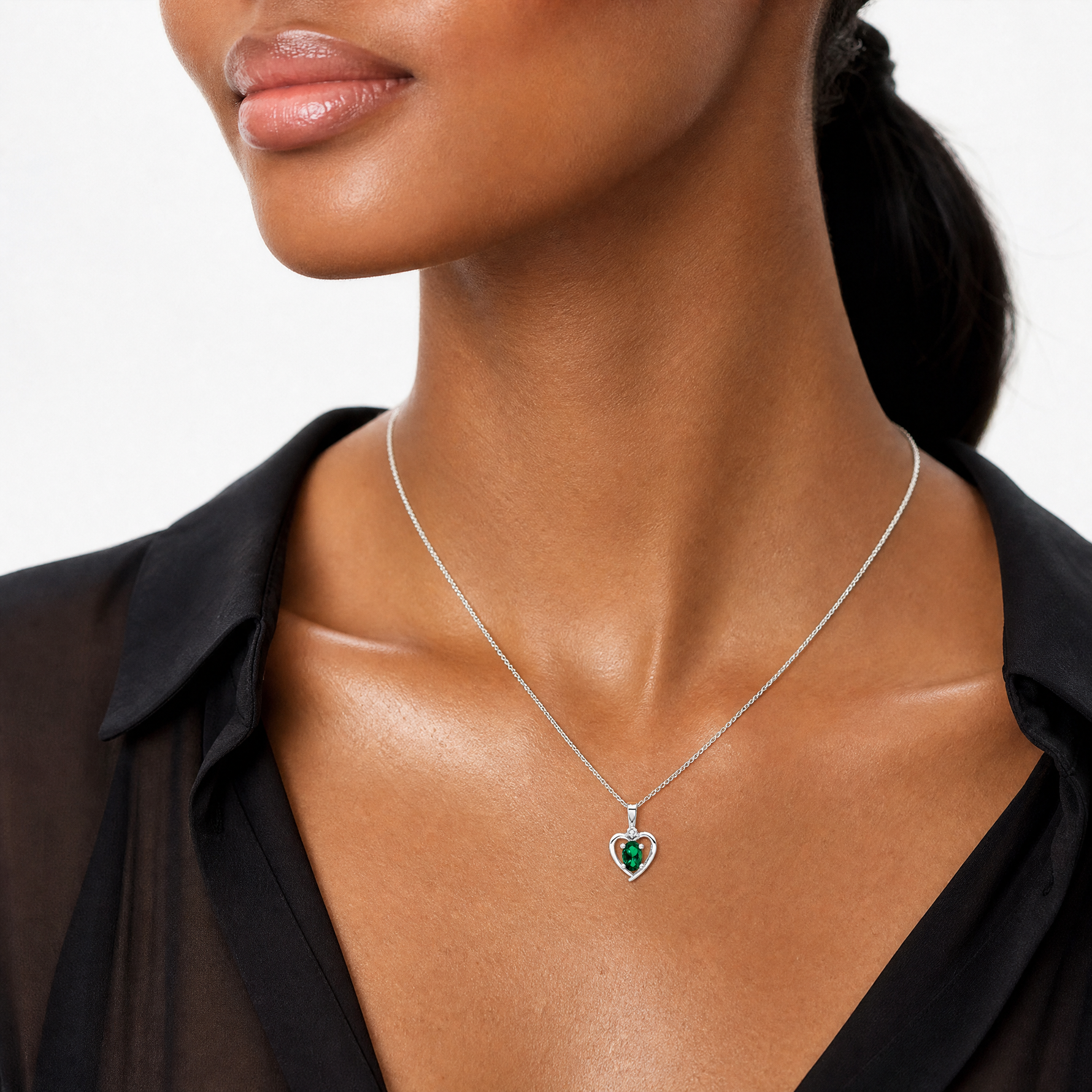Sterling Silver Rhodium-plated Created Emerald & Diam. Pendant - Model Shot