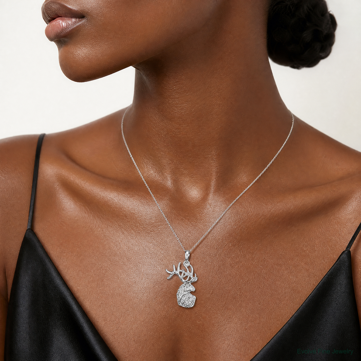 Sterling Silver Rhodium-plated Polished/Textured Deer Head Pendant - Model Shot