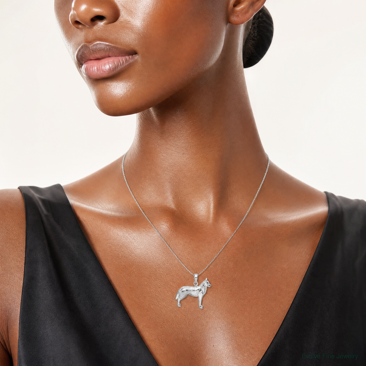 Sterling Silver Rhodium-plated Textured 3D Siberian Husky Pendant - Model Shot