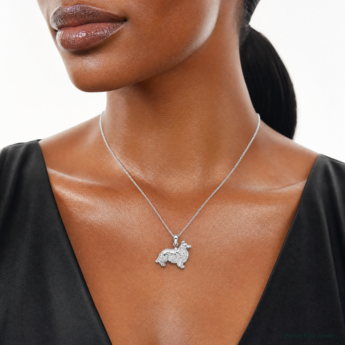 Sterling Silver Rhodium-plated Textured 3D Shetland Sheepdog Pendant - Model Shot