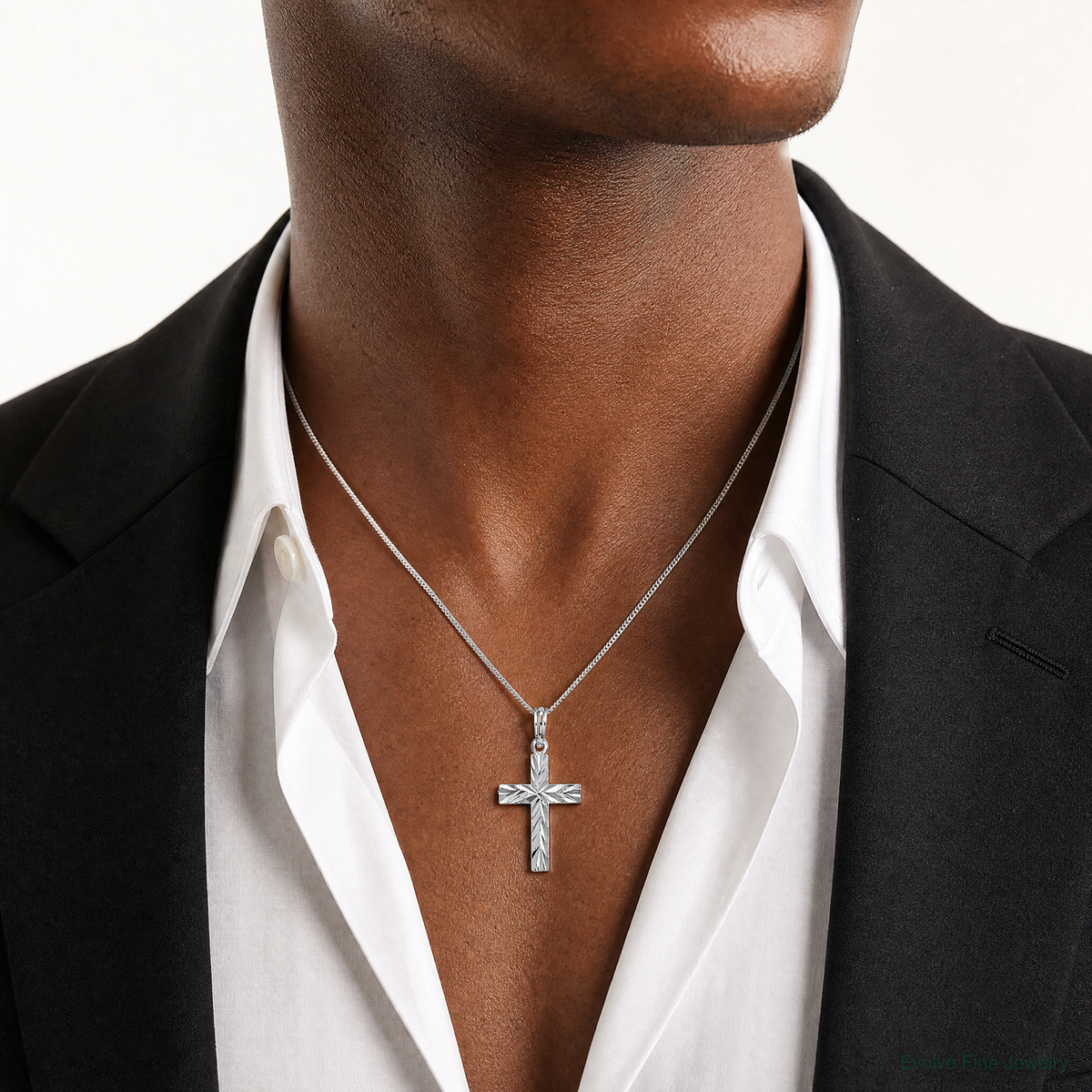 Sterling Silver Rhodium-plated All-over Diamond-cut Latin Cross Pendant - Model Shot