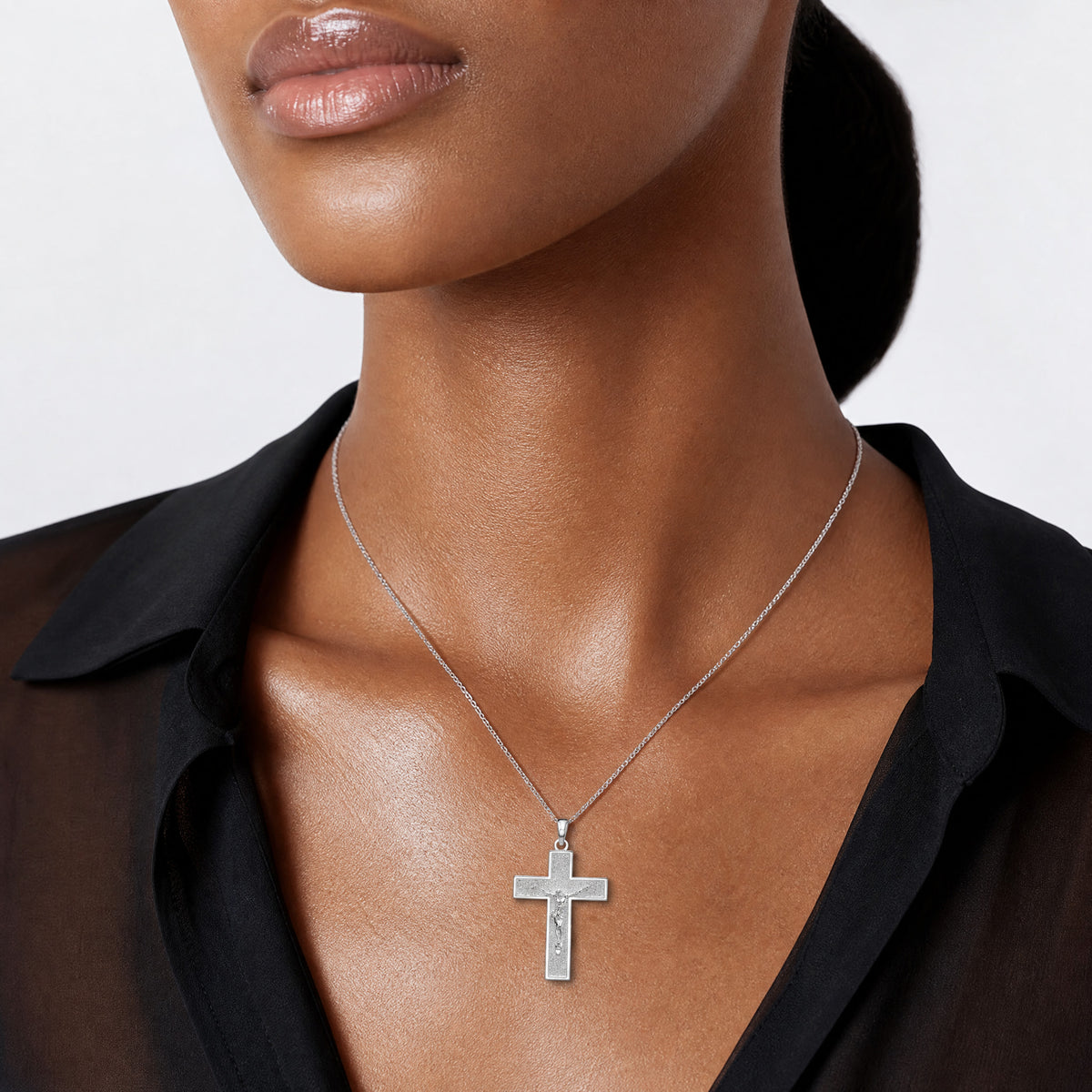Sterling Silver Rhodium-plated Textured Latin Crucifix Pendant - Model Shot
