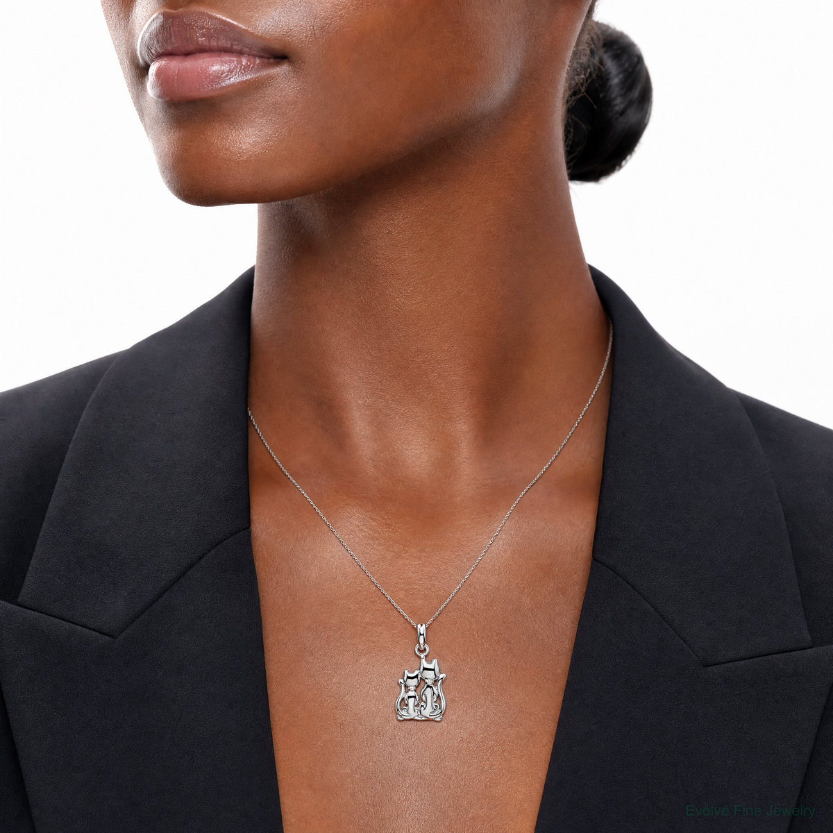 Sterling Silver Rhodium-plated Polished Big and Little Cats Pendant - Model Shot