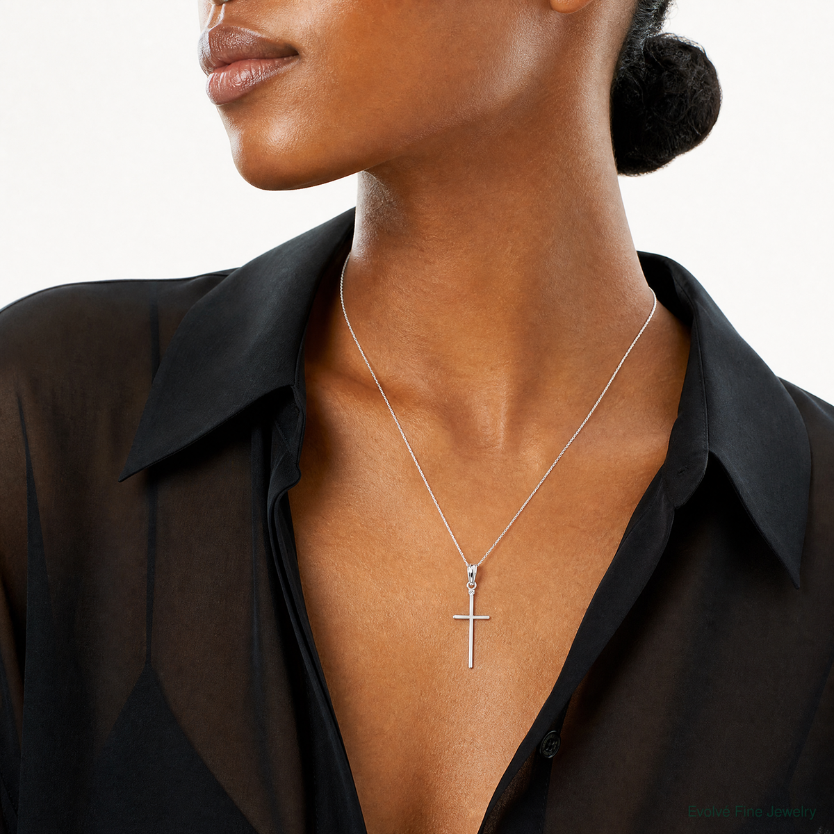 Sterling Silver Polished Thin Latin Cross Pendant - Model Shot