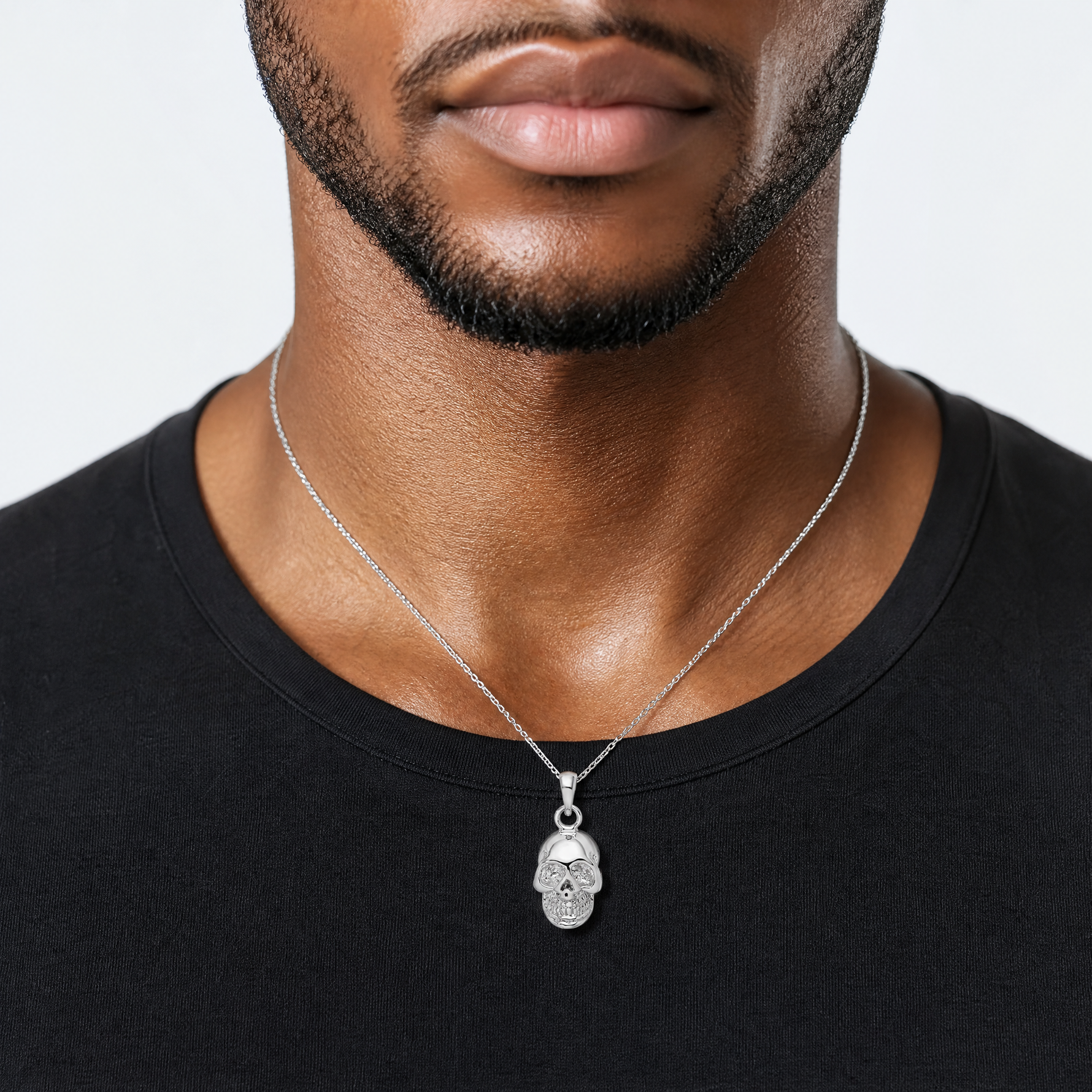 Sterling Silver Rhodium-plated Polished 3D Skull Pendant - Model Shot
