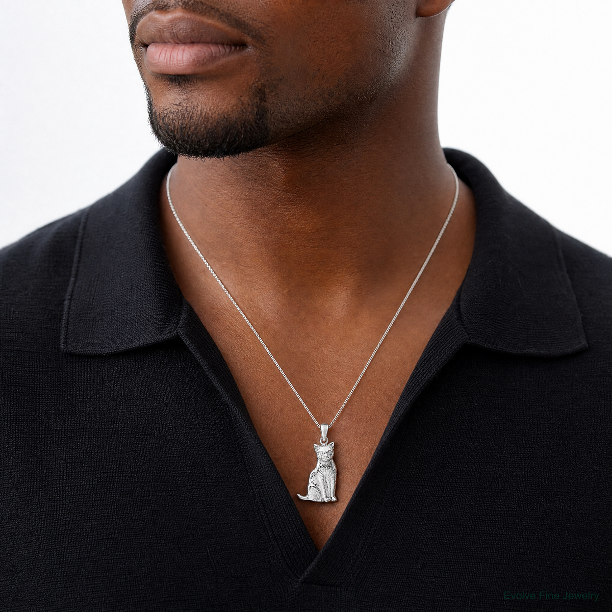 Sterling Silver Rhodium-plated Textured Sitting Cat Pendant - Model Shot