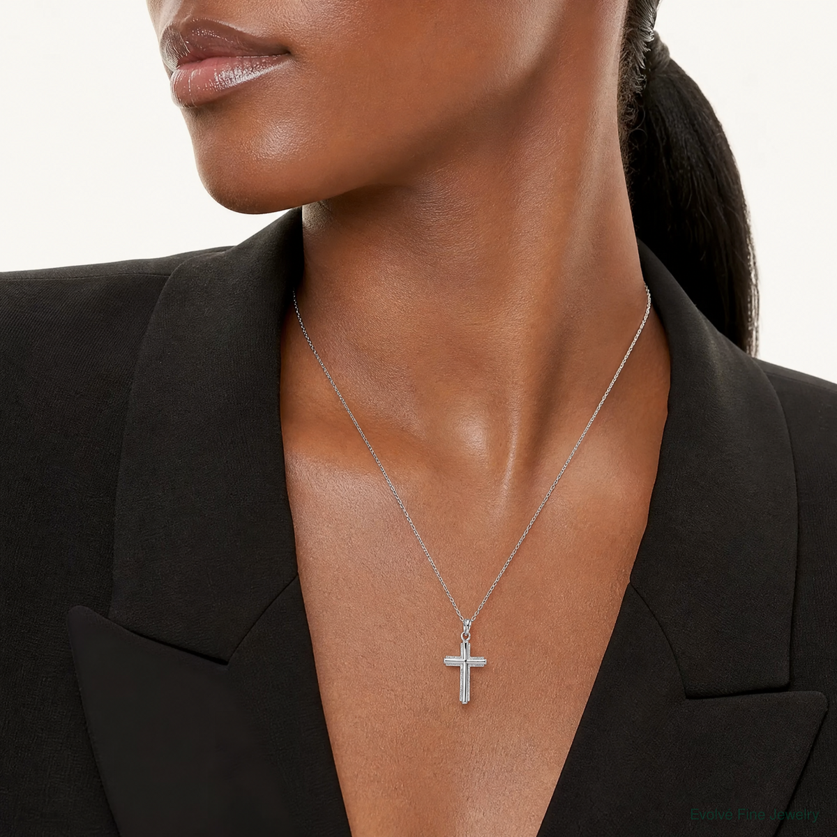 Sterling Silver Rhod-plated Polished Striped Border Latin Cross Pendant - Model Shot