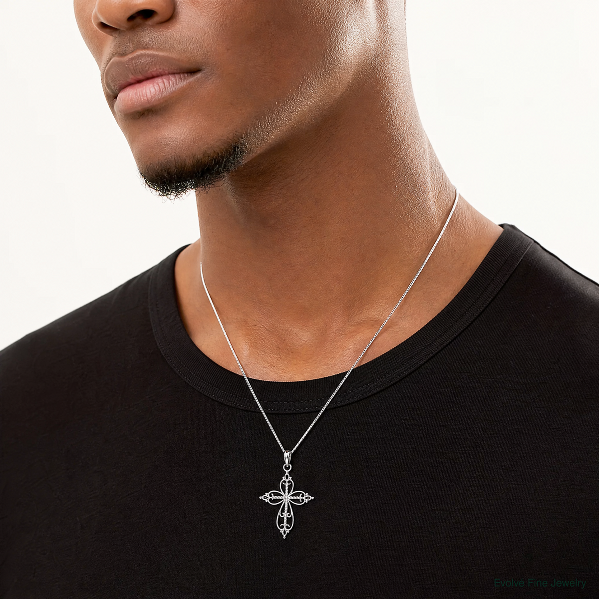 Sterling Silver Polish Fancy Filigree w/Beaded Center Cross Pendant - Model Shot