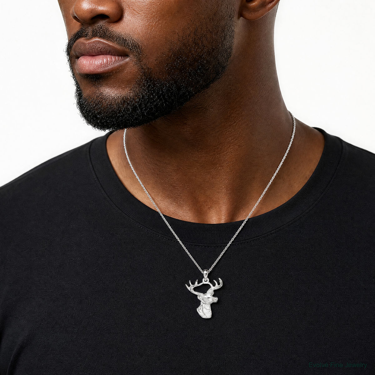 Sterling Silver Rhodium-plated 6-point Buck Deer Head Profile Pendant - Model Shot