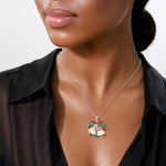 Sterling Silver Rhodium-plated Polished Enameled Bells/Holly Pendant - Model Shot